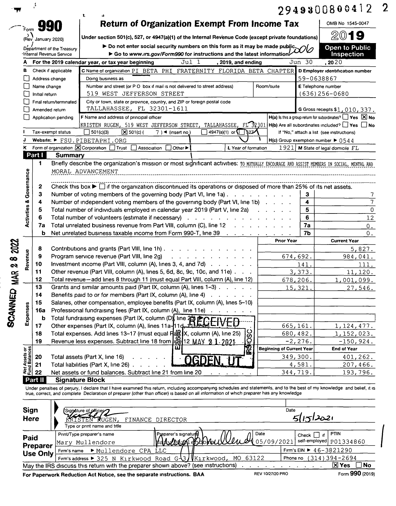 Image of first page of 2019 Form 990O for Pi Beta Phi Fraternity - Florida Beta Chapter 294