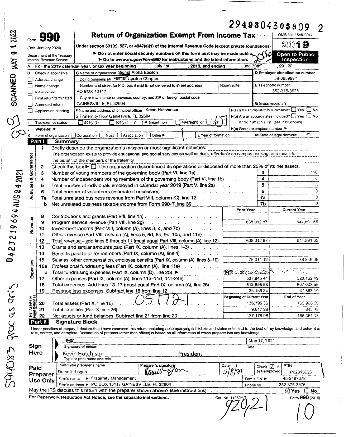 Image of first page of 2019 Form 990O for Sigma Alpha Epsilon Fraternity - Florida Upsilon