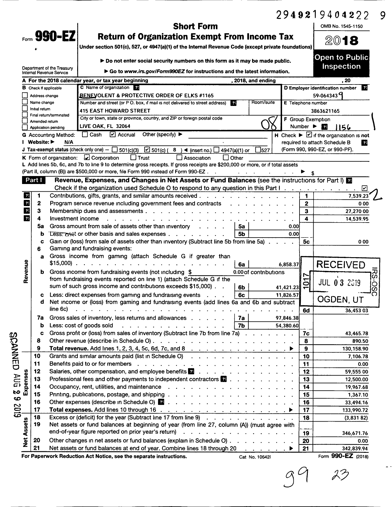 Image of first page of 2018 Form 990EO for Benevolent and Protective Order of Elks - 1165 Live Oak