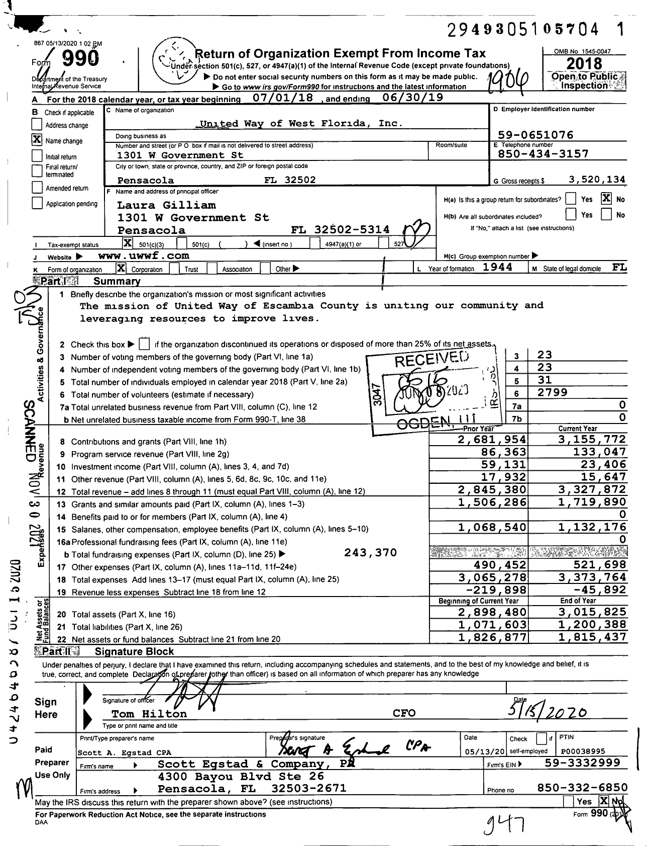 Image of first page of 2018 Form 990 for United Way of West Florida