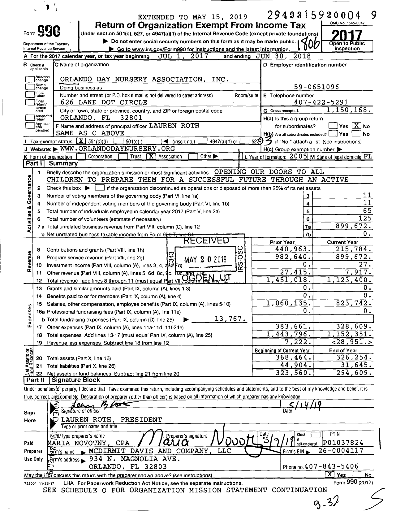 Image of first page of 2017 Form 990 for Orlando Day Nursery Association