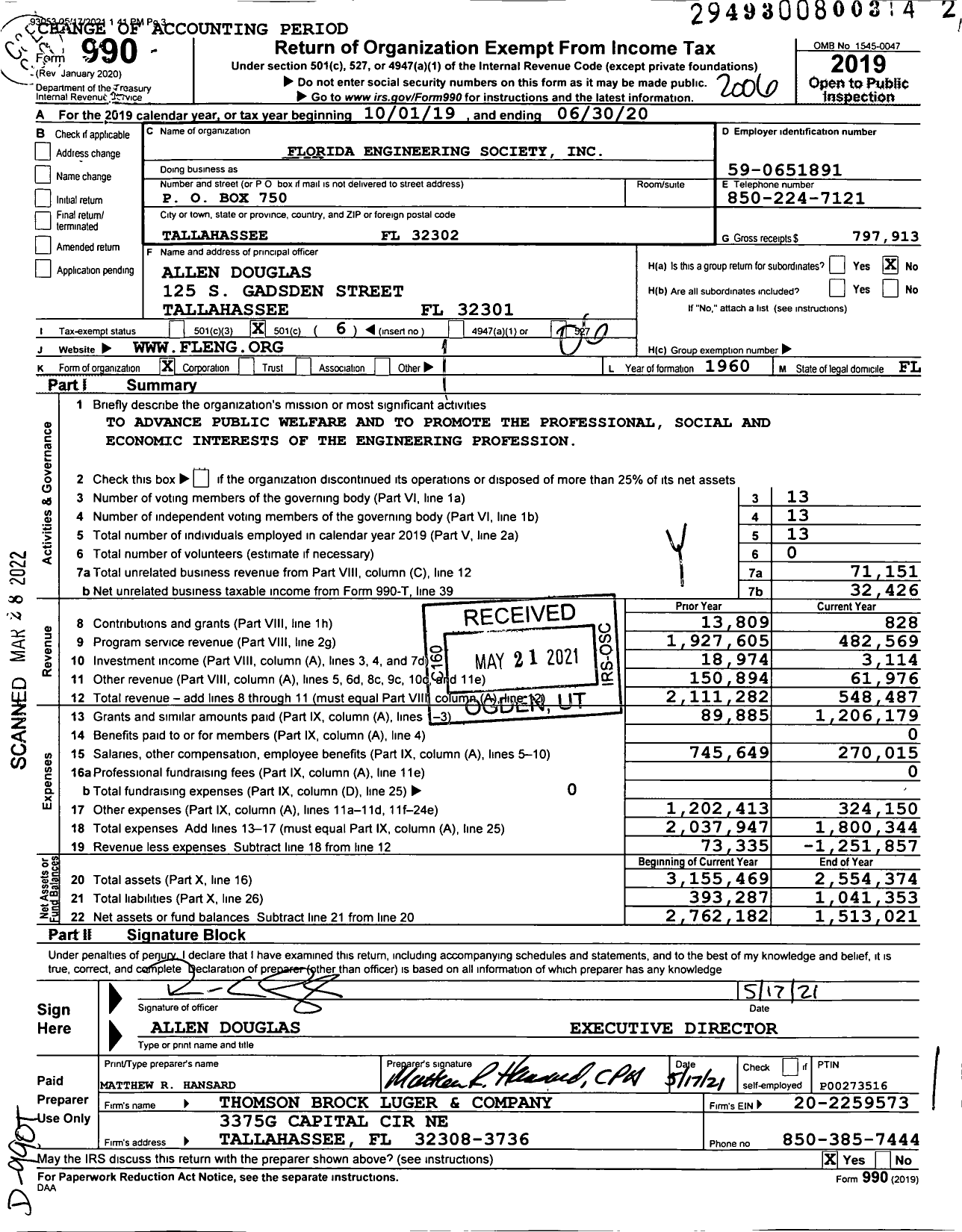 Image of first page of 2019 Form 990O for Florida Engineering Society