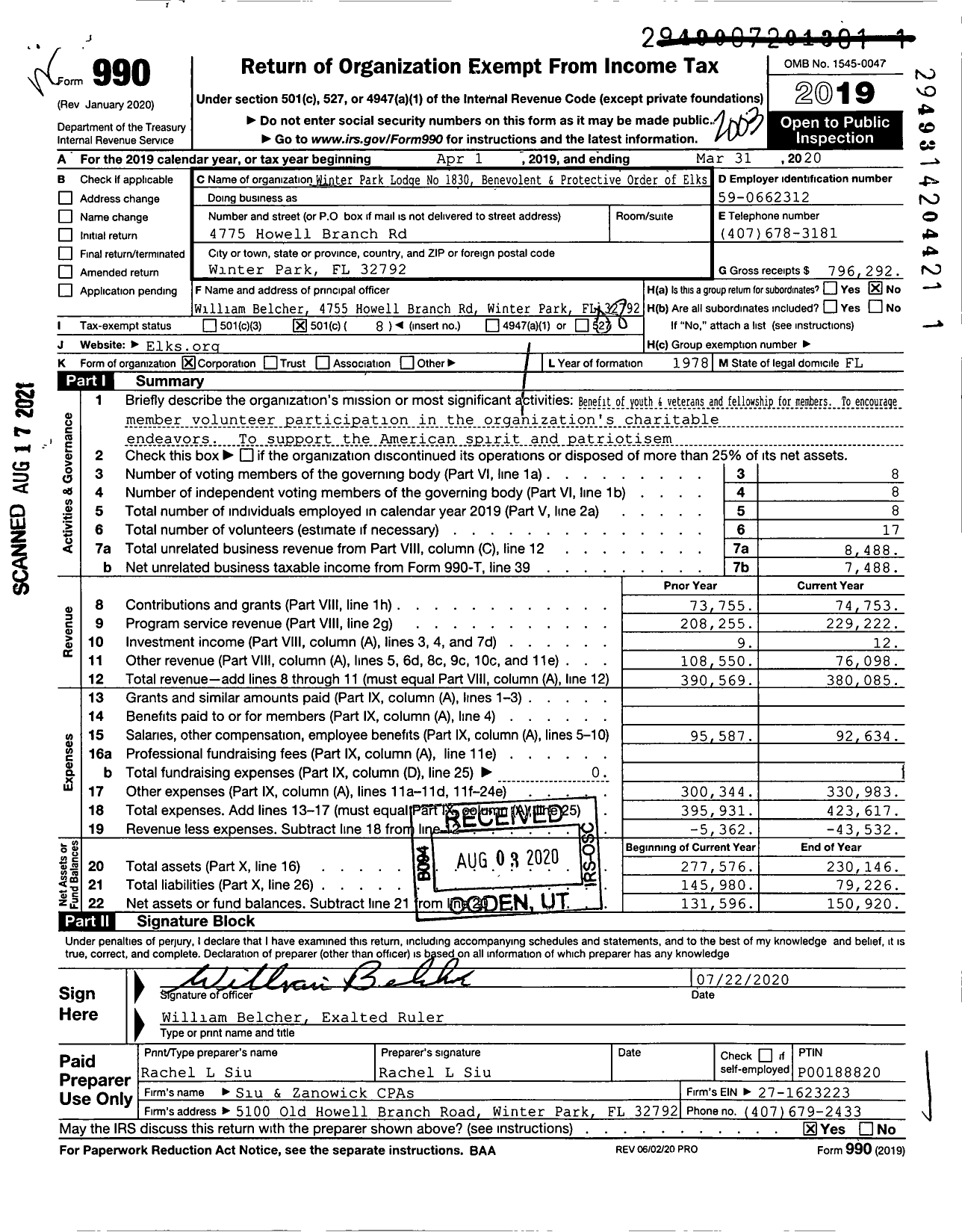 Image of first page of 2019 Form 990O for Benevolent and Protective Order of Elks - 1830 Winter Park