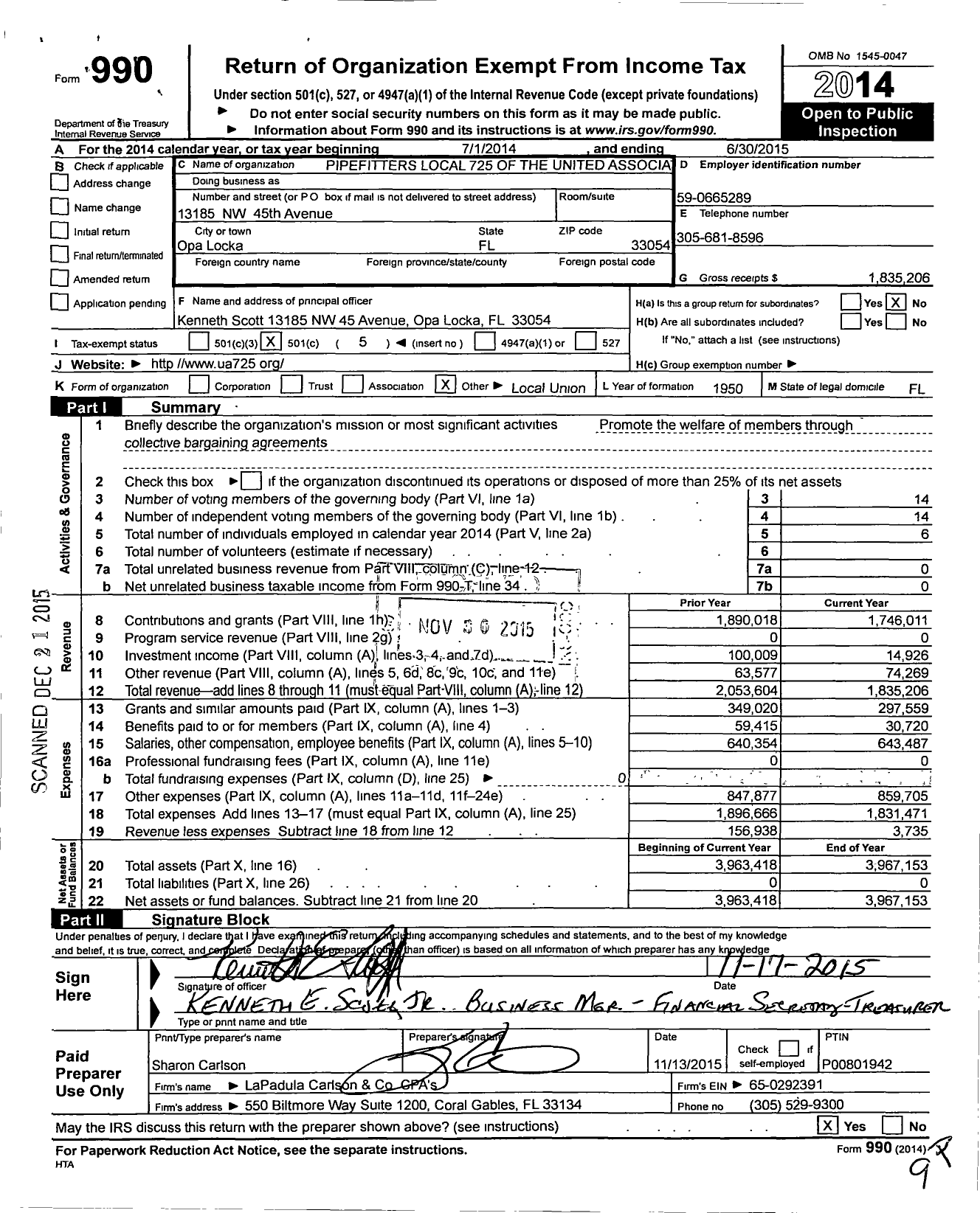 Image of first page of 2014 Form 990O for Pipefitters Local 725 of the United Association of