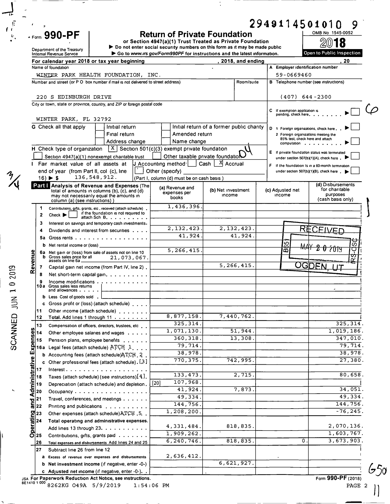 Image of first page of 2018 Form 990PF for Winter Park Health Foundation (WPHF)