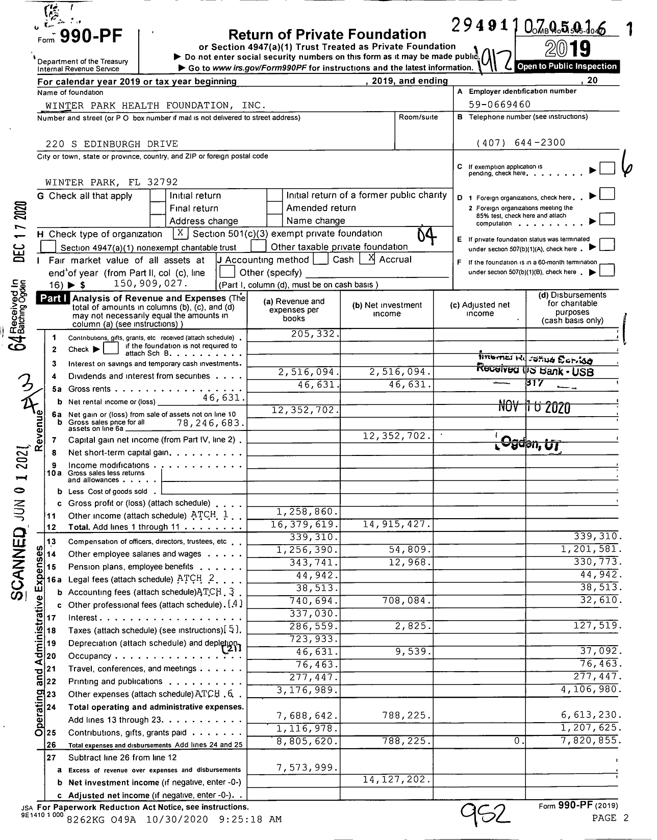 Image of first page of 2019 Form 990PF for Winter Park Health Foundation (WPHF)