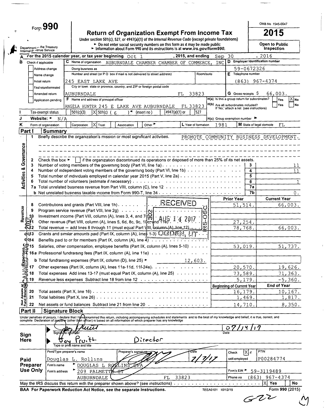 Image of first page of 2015 Form 990O for The Greater Auburndale Chamber of Commerce