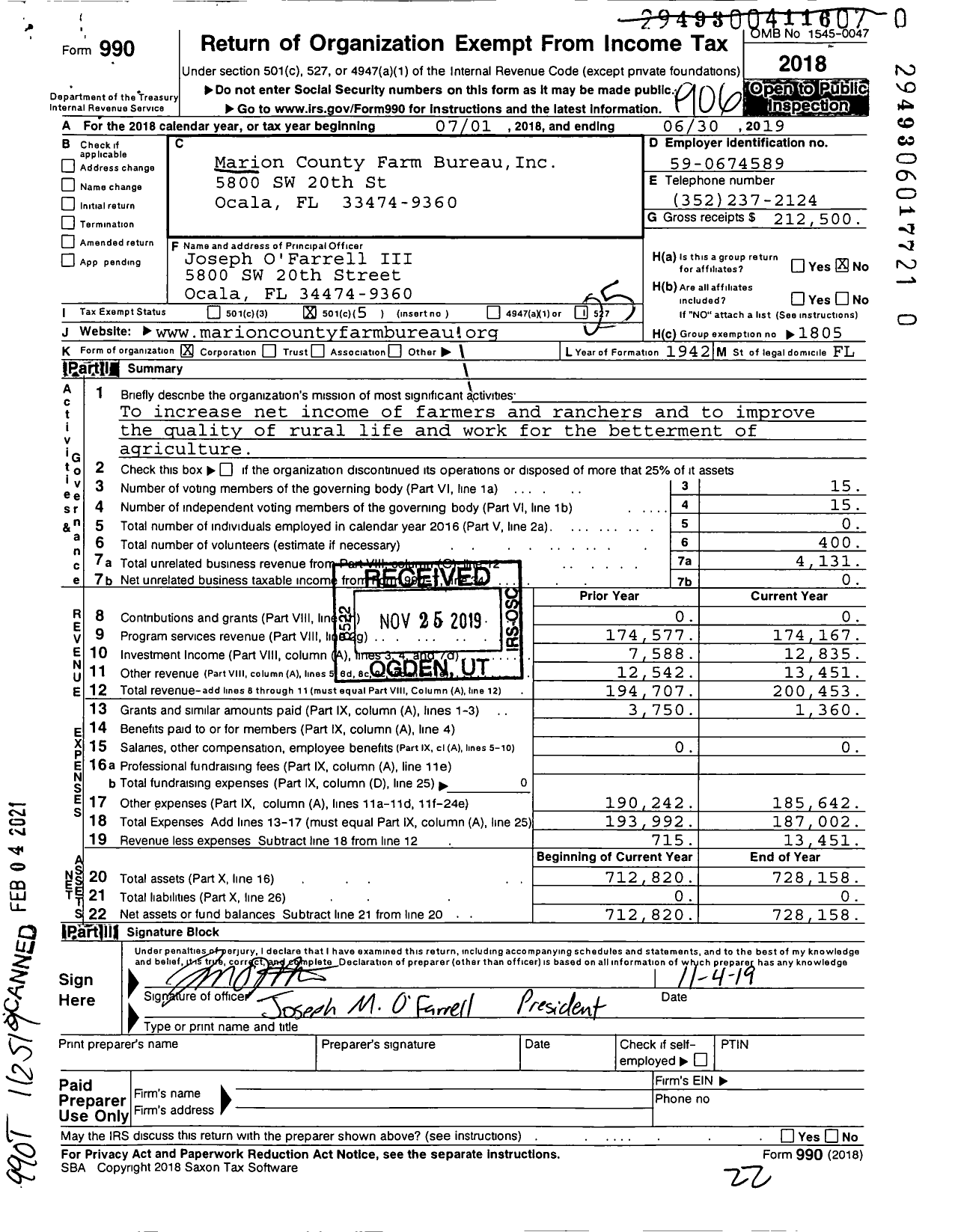 Image of first page of 2018 Form 990O for Marion County Farm Bureau