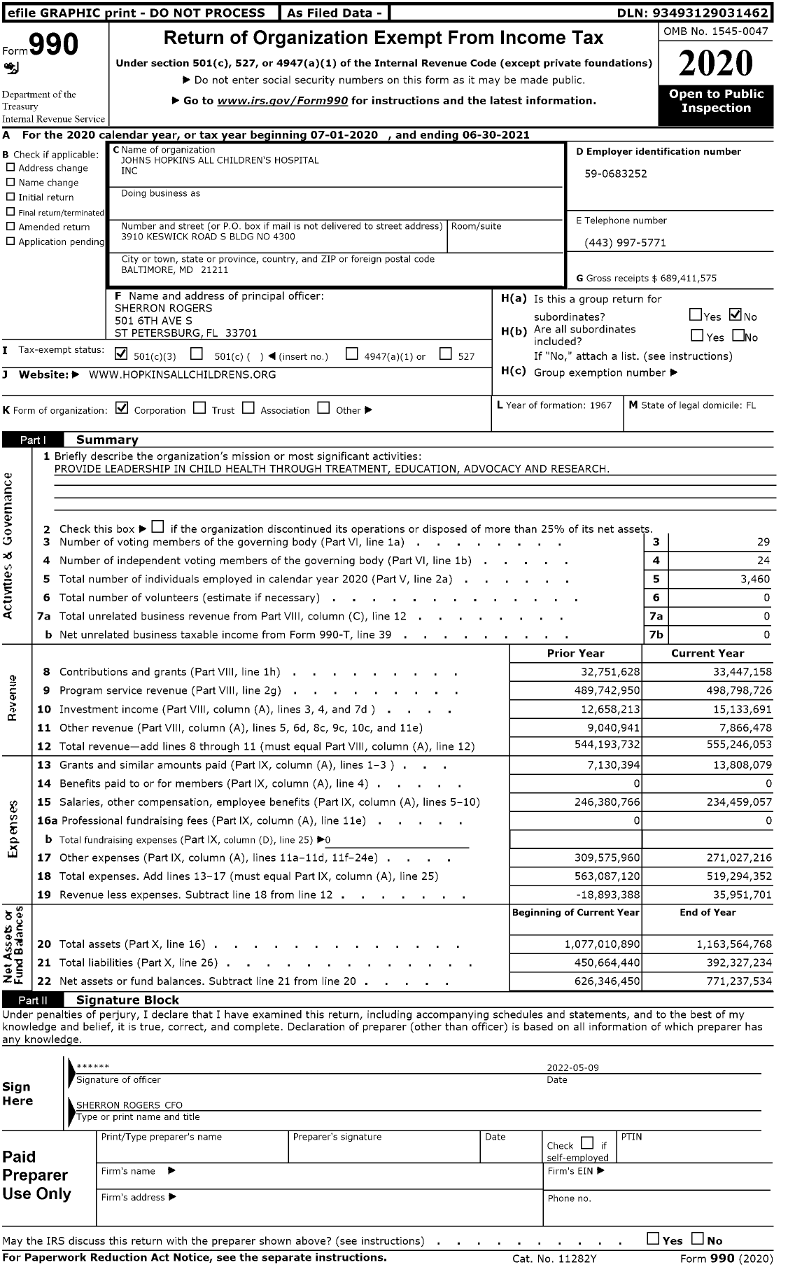 Image of first page of 2020 Form 990 for Johns Hopkins All Children's Hospital (ACH)