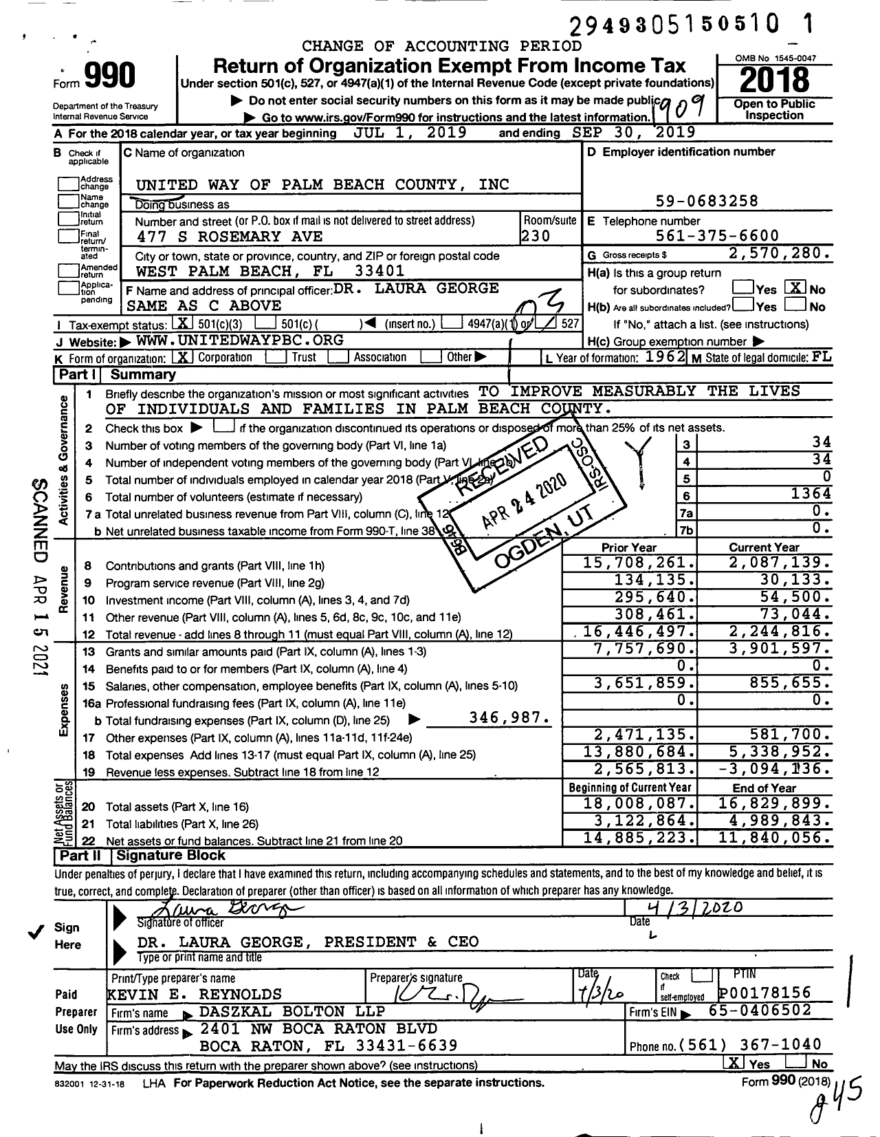 Image of first page of 2018 Form 990 for United Way of Palm Beach County