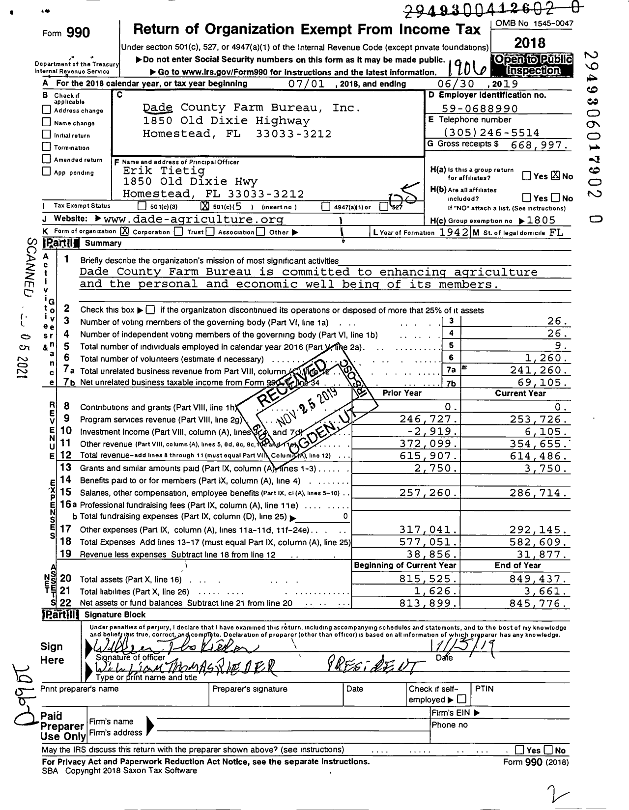 Image of first page of 2018 Form 990O for Dade County Farm Bureau