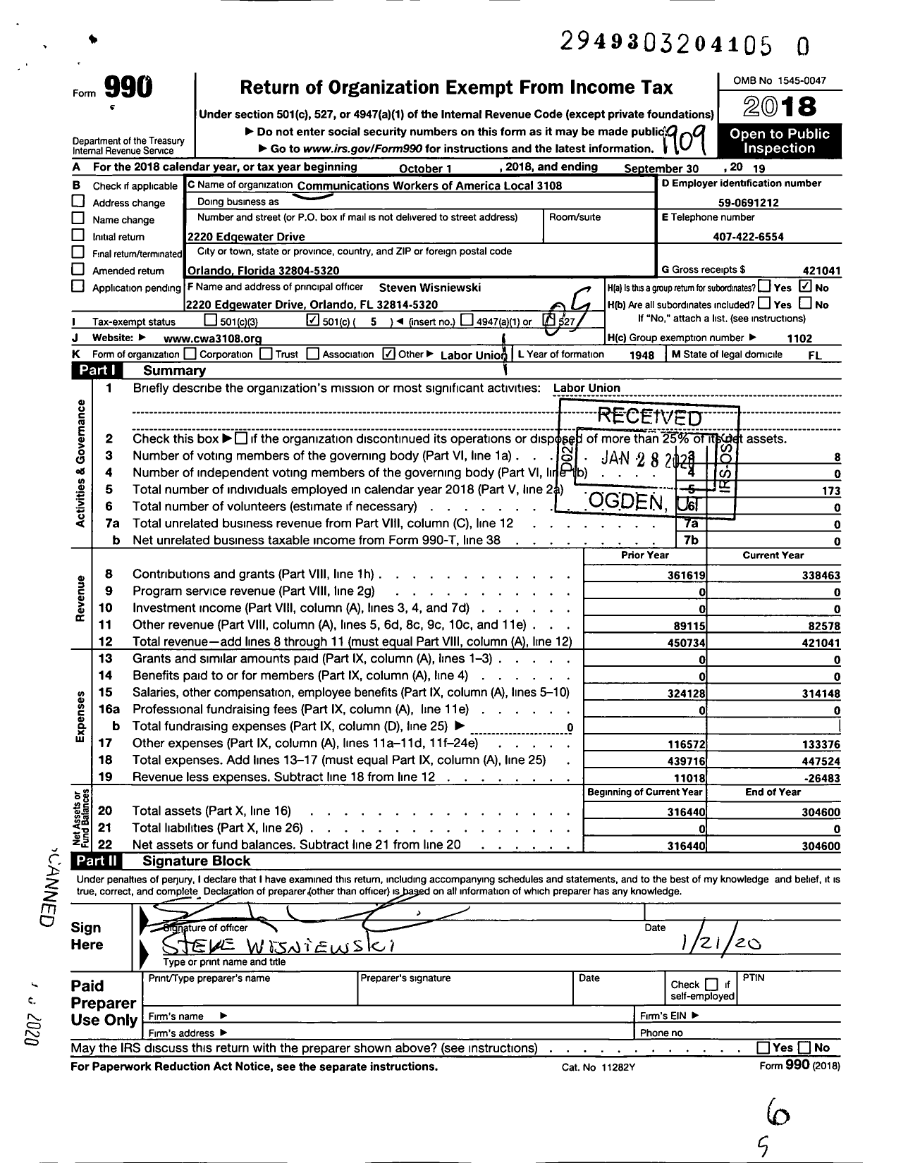 Image of first page of 2018 Form 990O for Communications Workers of America - 3108 Cwa