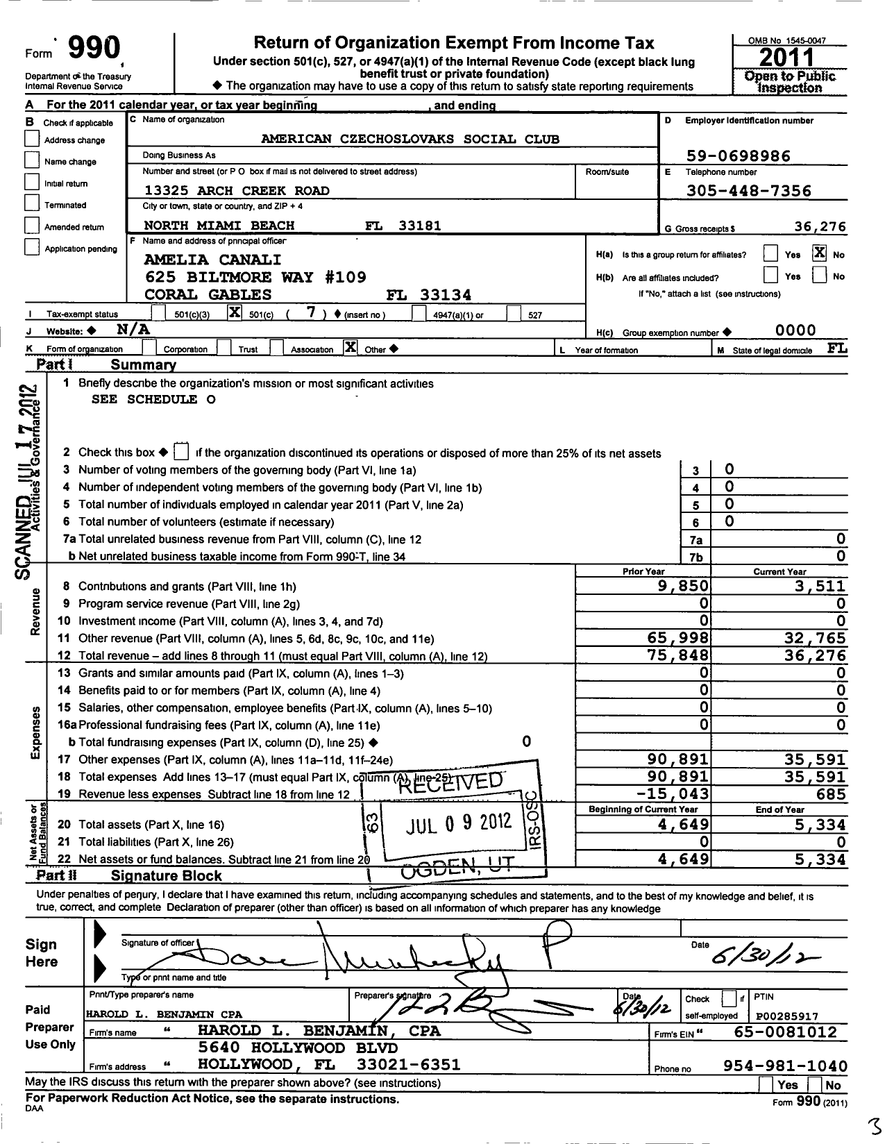 Image of first page of 2011 Form 990O for American Czechoslovaks Social Club