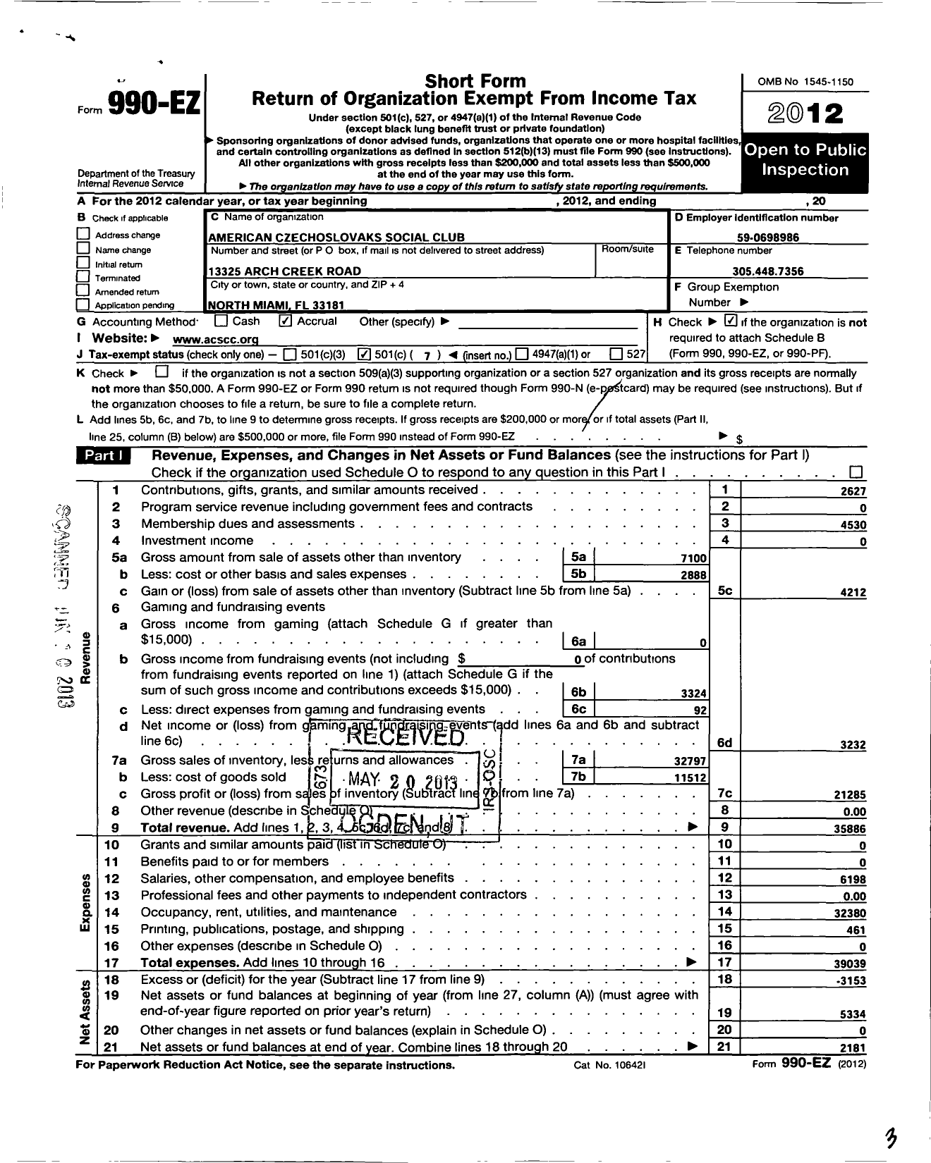 Image of first page of 2012 Form 990EO for American Czechoslovaks Social Club