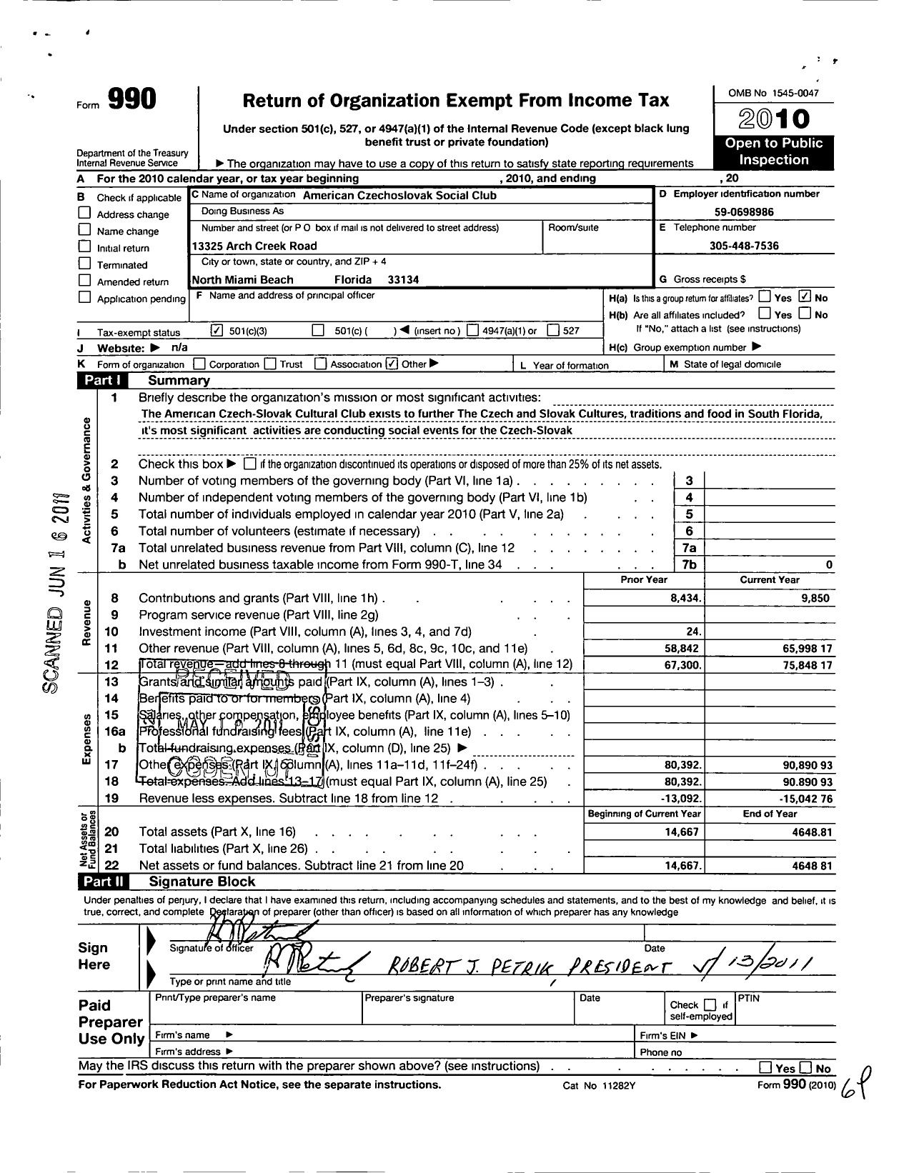 Image of first page of 2010 Form 990 for American Czechoslovaks Social Club