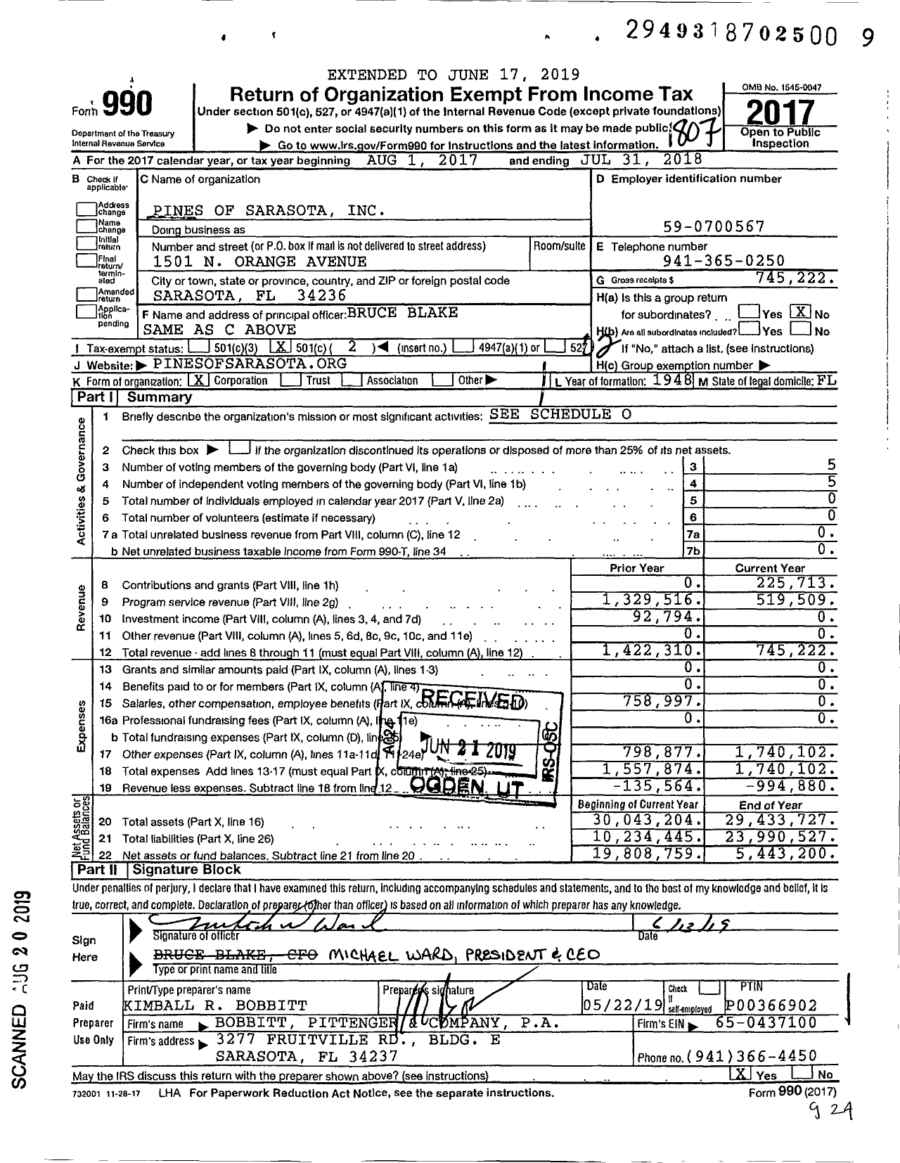 Image of first page of 2017 Form 990O for Pines of Sarasota