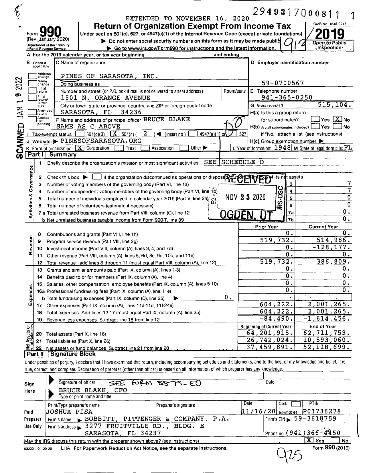 Image of first page of 2019 Form 990O for Pines of Sarasota