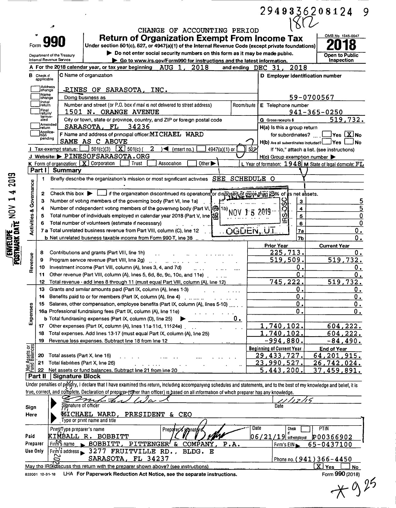 Image of first page of 2018 Form 990O for Pines of Sarasota