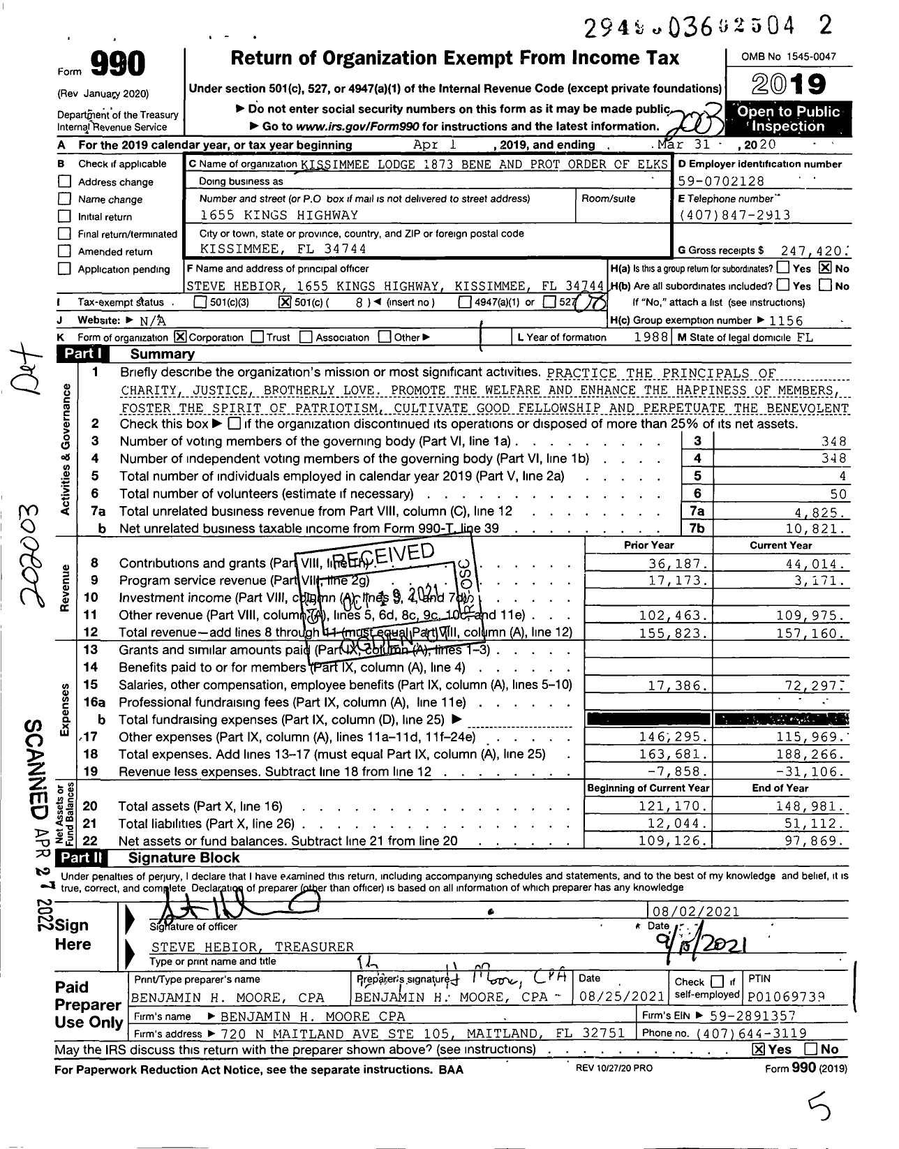 Image of first page of 2019 Form 990O for Benevolent and Protective Order of Elks - 1873 Kissimmee