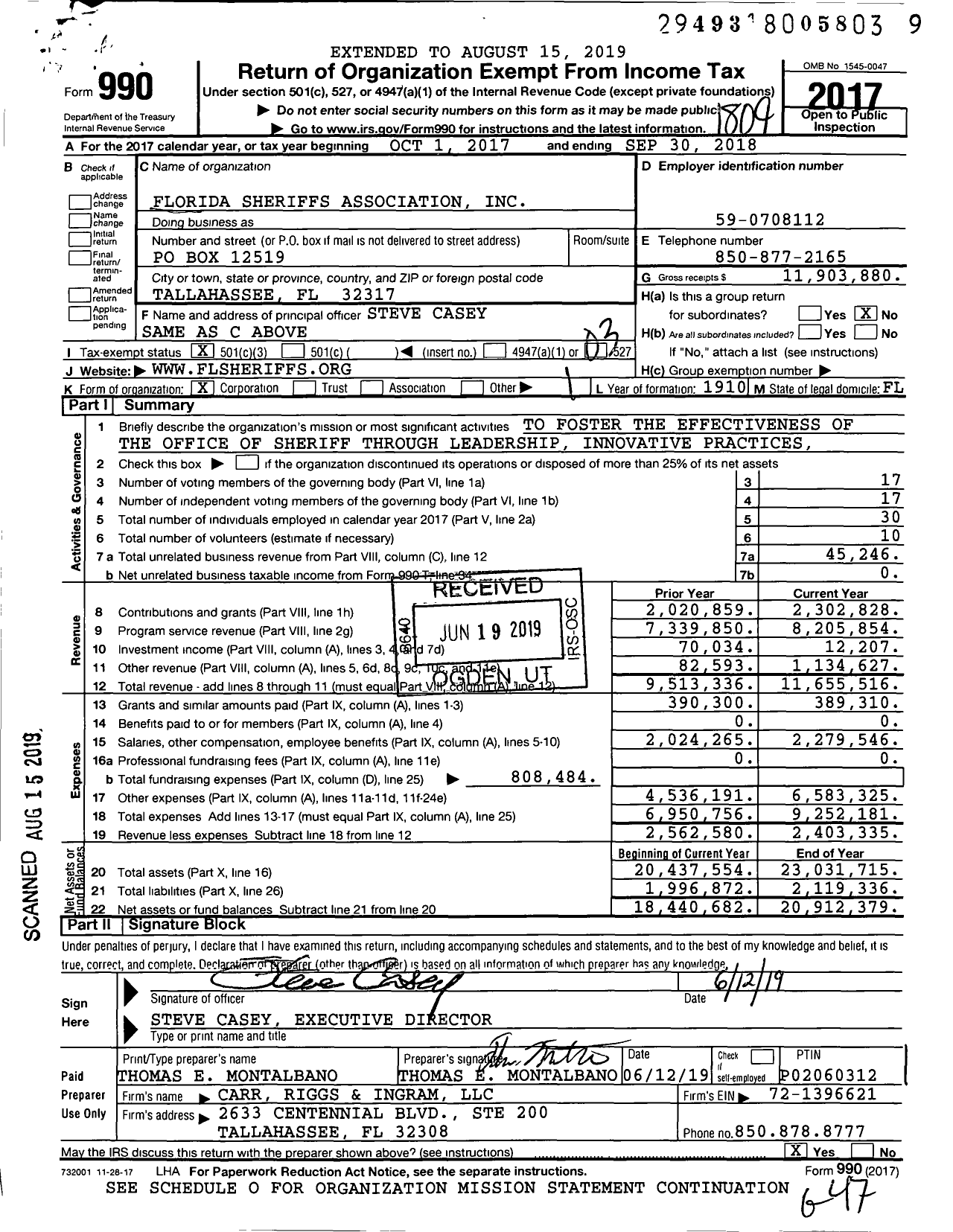 Image of first page of 2017 Form 990 for Florida Sheriffs Association (FSA)