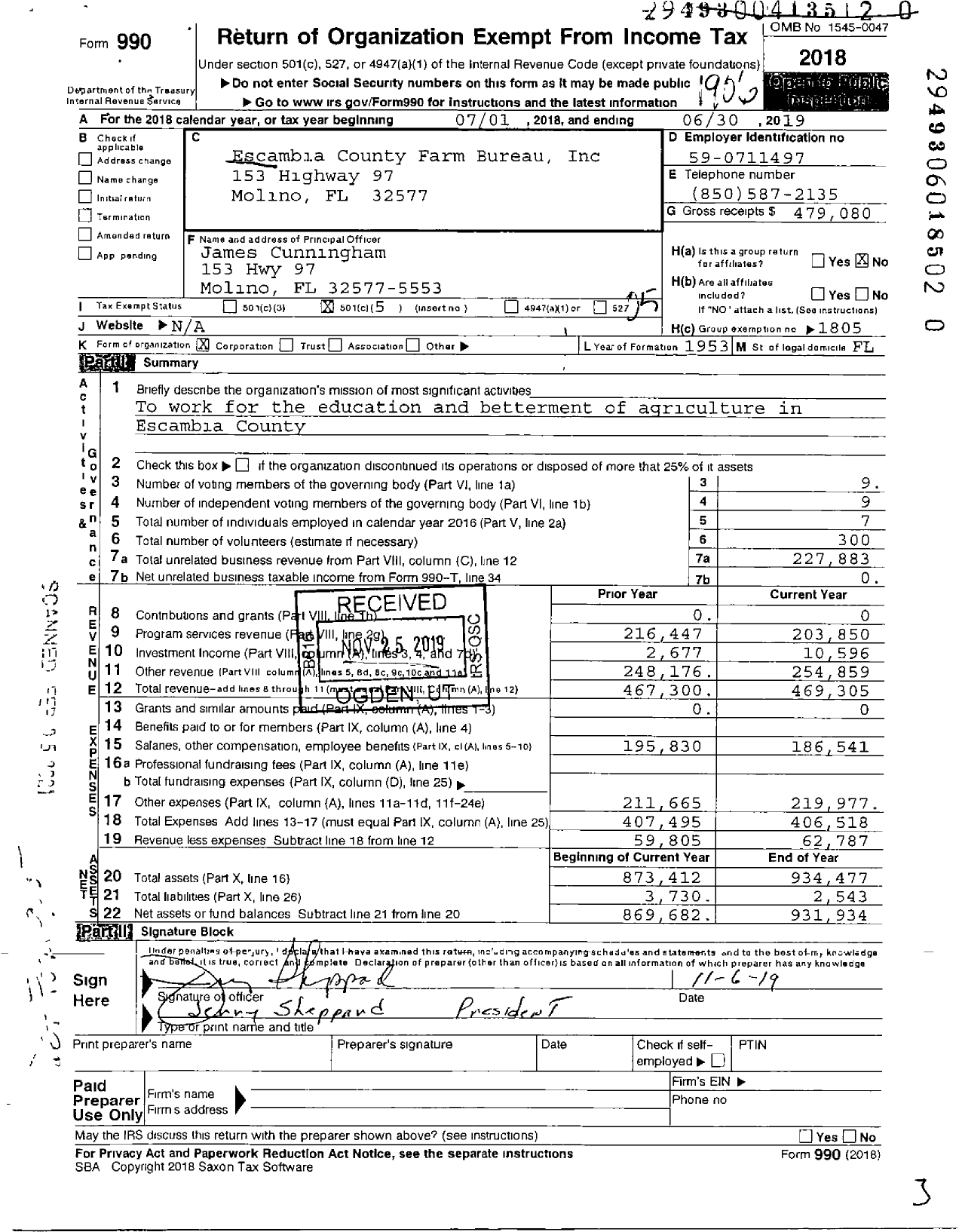 Image of first page of 2018 Form 990O for Escambia County Farm Bureau