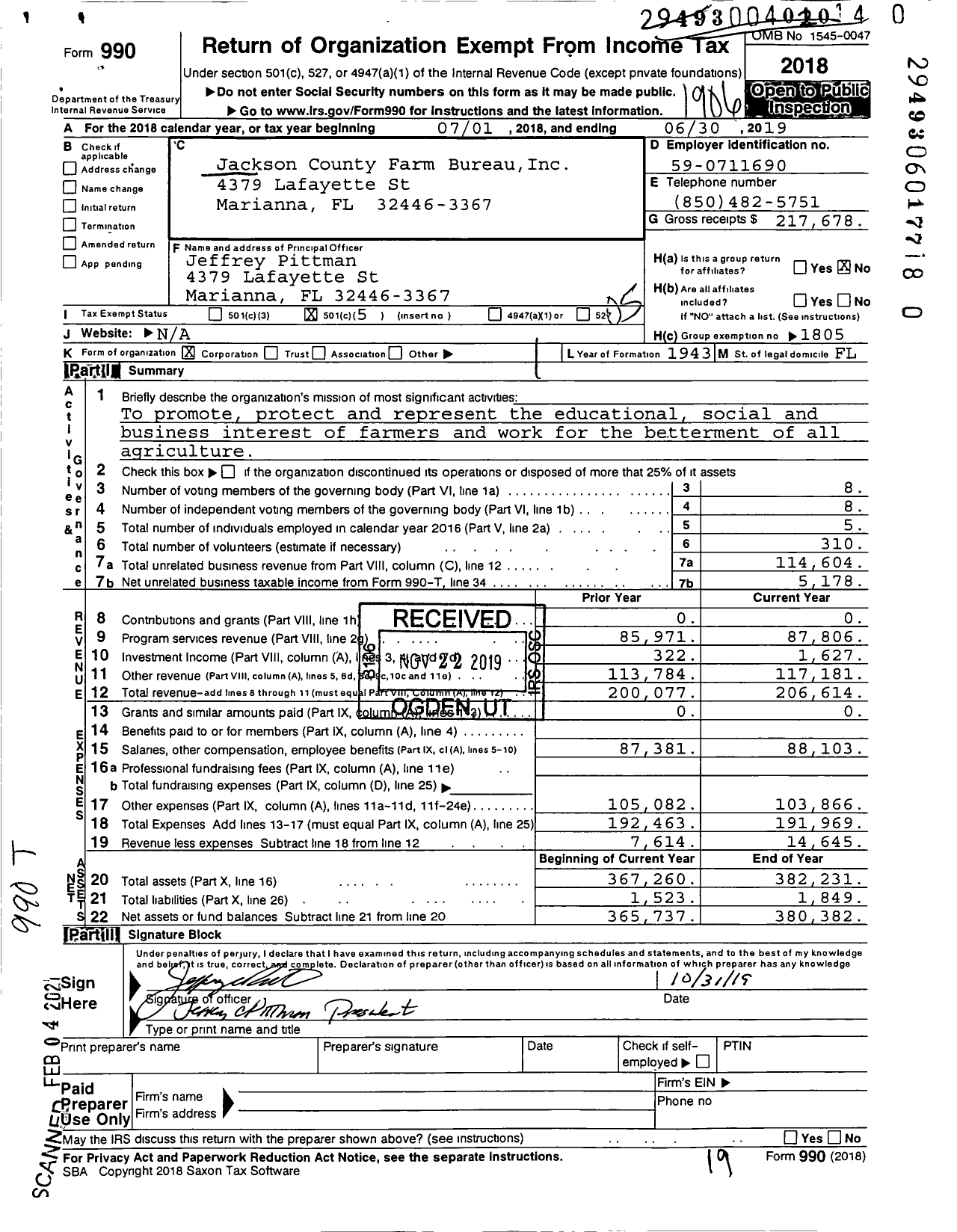 Image of first page of 2018 Form 990O for Jackson County Farm Bureau