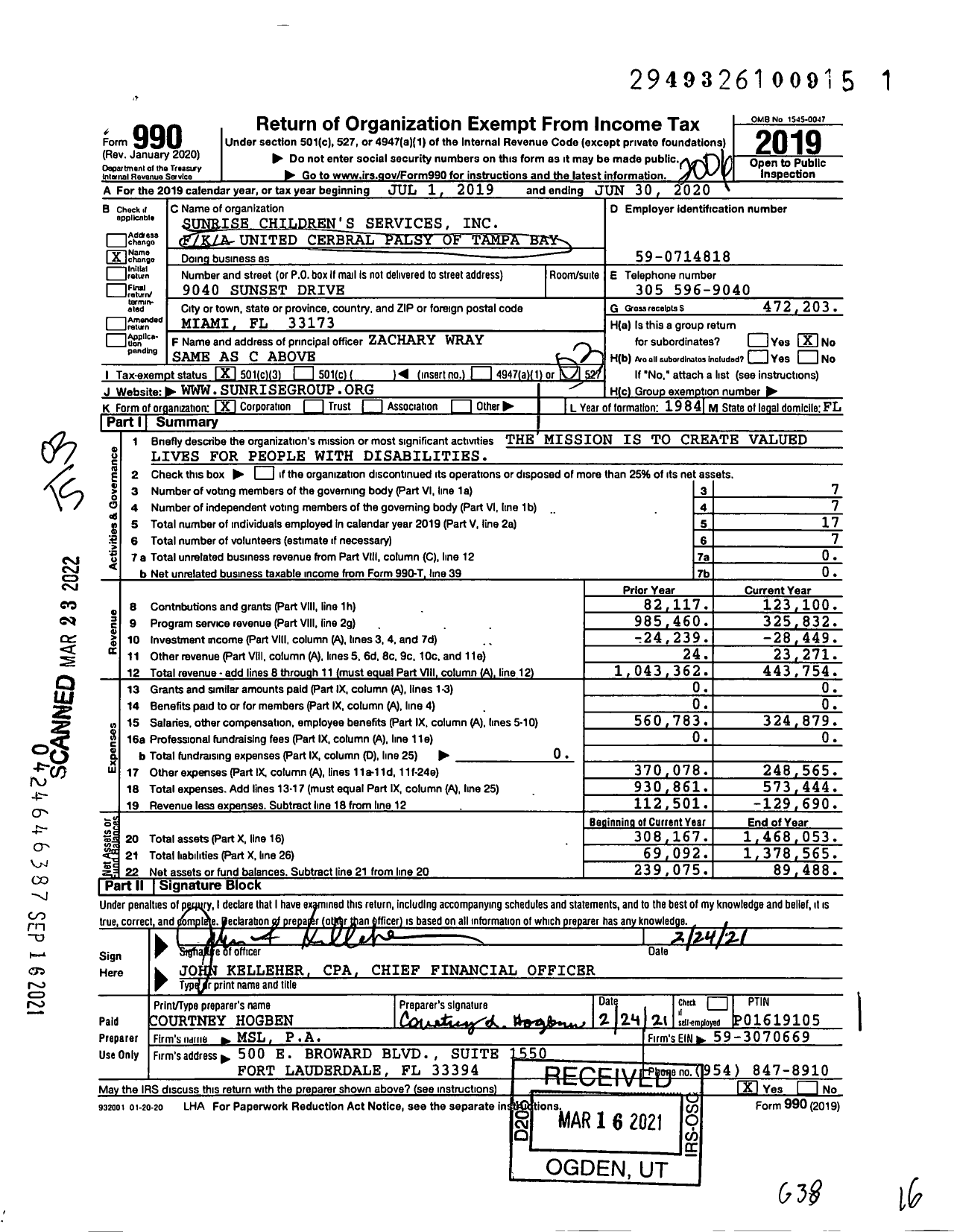 Image of first page of 2019 Form 990 for Sunrise Children's Services / Achieve Tampa Bay