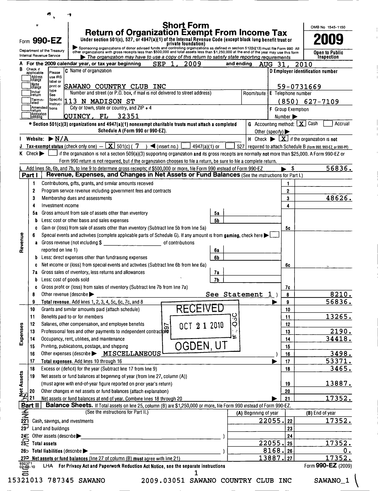 Image of first page of 2009 Form 990EO for The Sawano Country Club