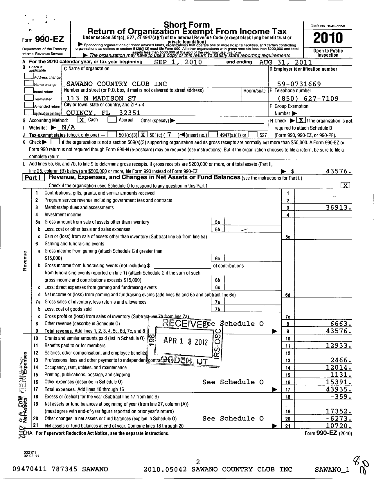 Image of first page of 2010 Form 990EO for The Sawano Country Club