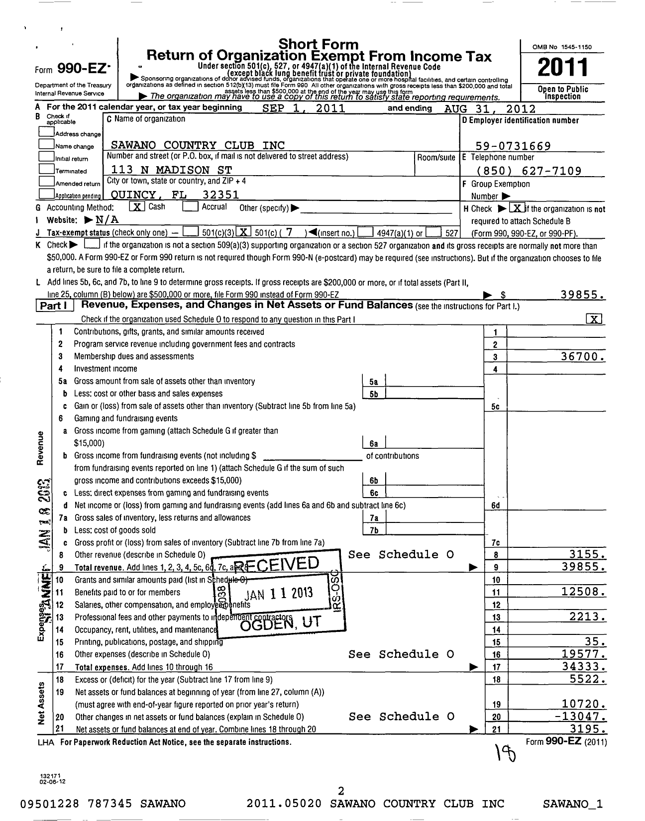 Image of first page of 2011 Form 990EO for The Sawano Country Club