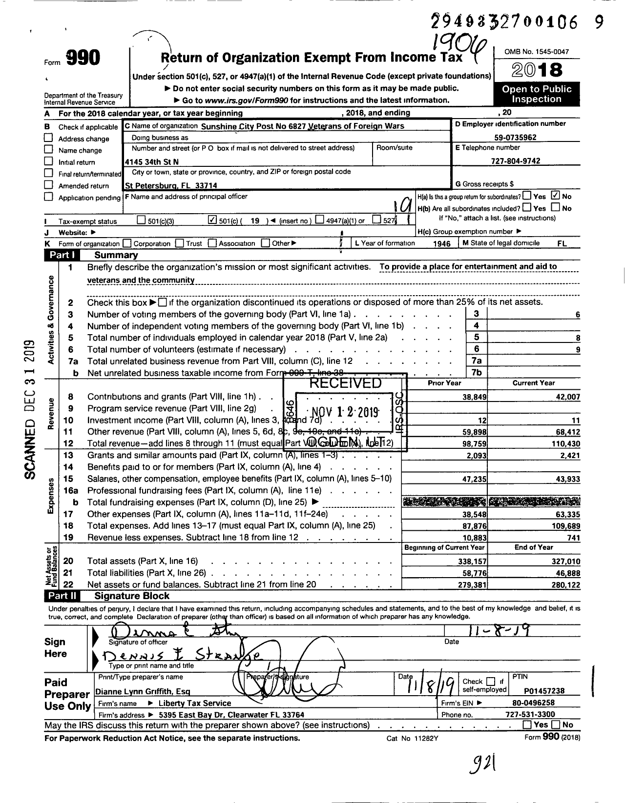 Image of first page of 2018 Form 990O for VFW Department of Florida - 6827 VFS Post