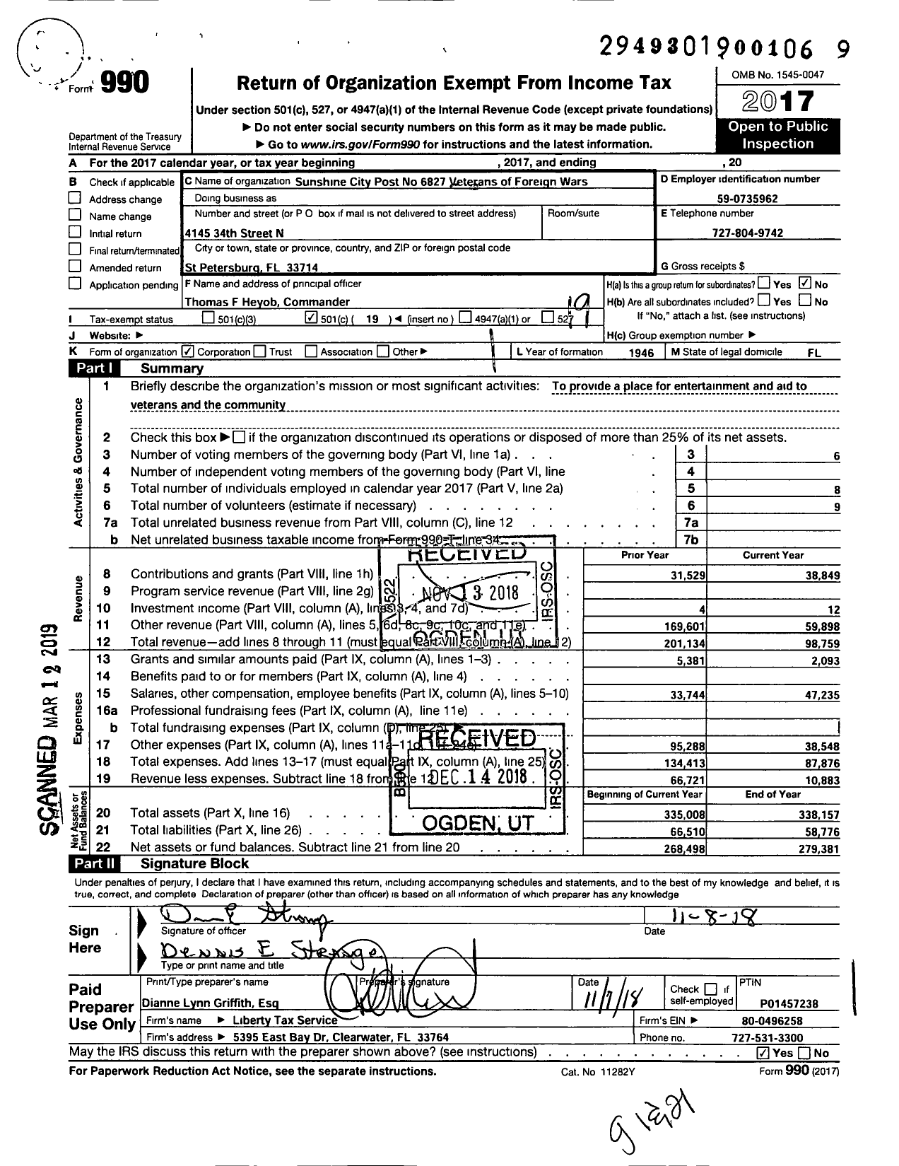 Image of first page of 2017 Form 990O for VFW Department of Florida - 6827 VFS Post