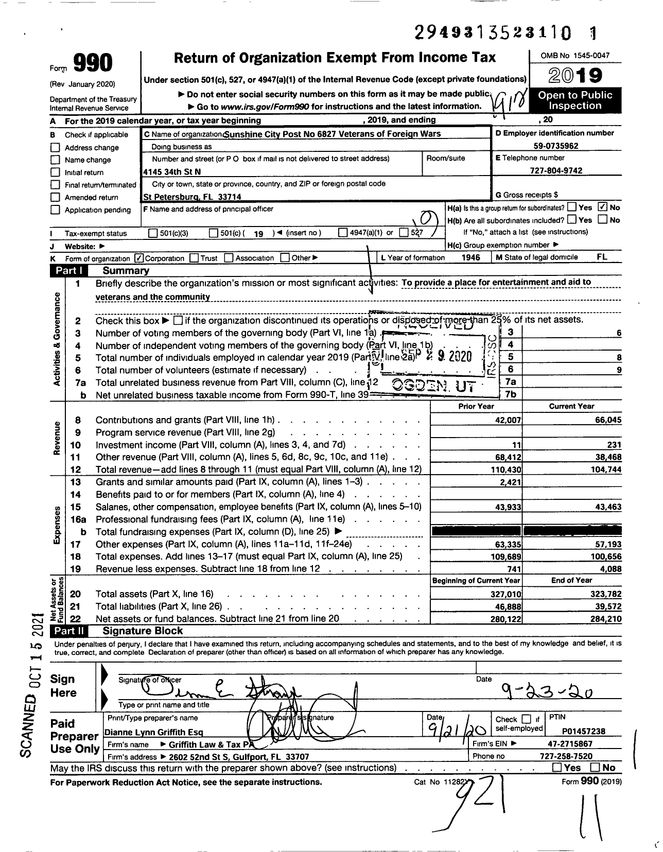 Image of first page of 2019 Form 990O for VFW Department of Florida - 6827 VFS Post