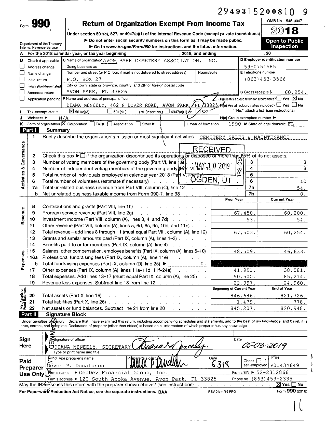 Image of first page of 2018 Form 990 for Avon Park Cemetary Association