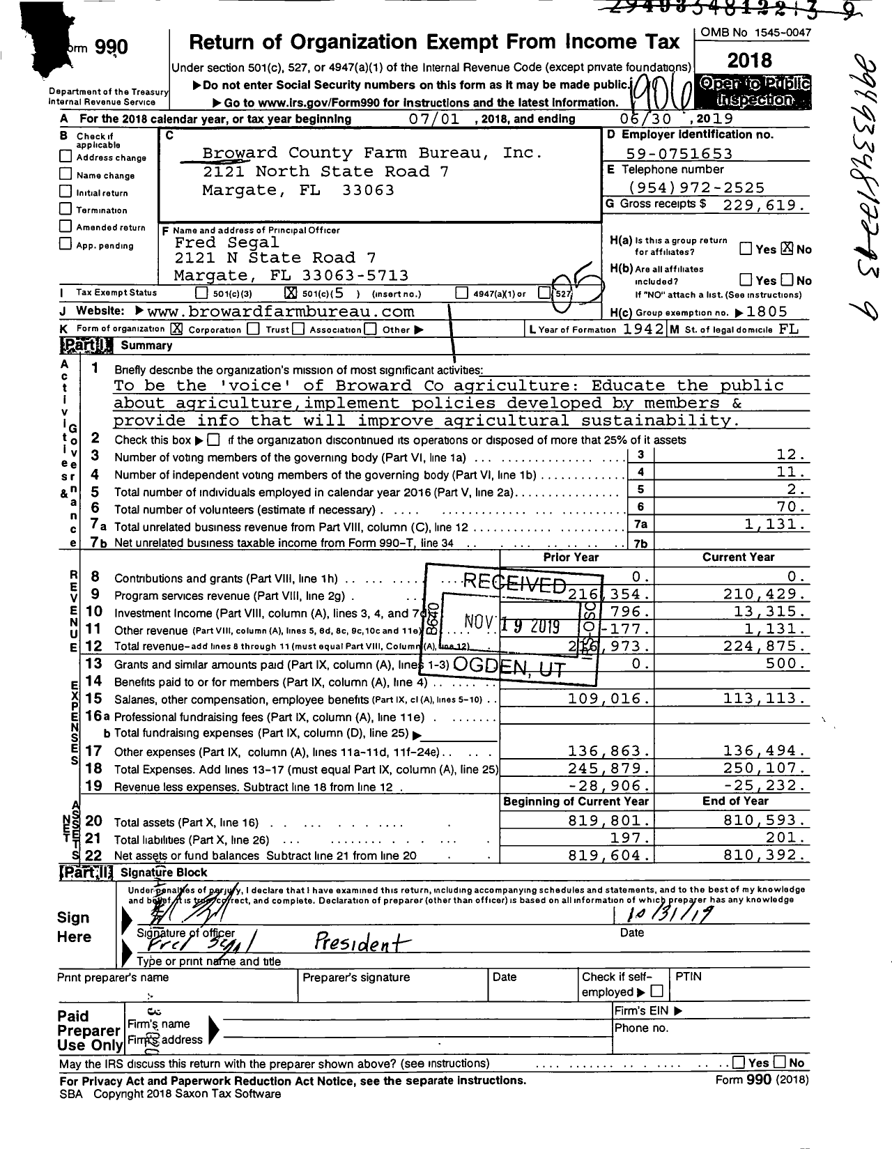 Image of first page of 2018 Form 990O for Broward County Farm Bureau