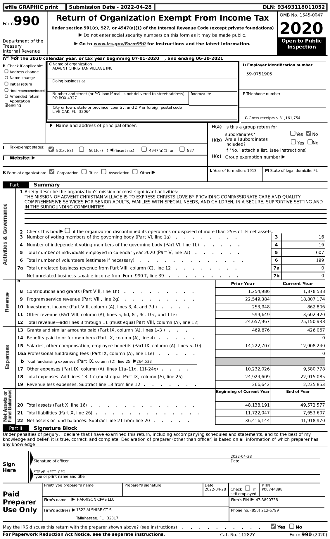 Image of first page of 2020 Form 990 for Advent Christian Village (ACV)