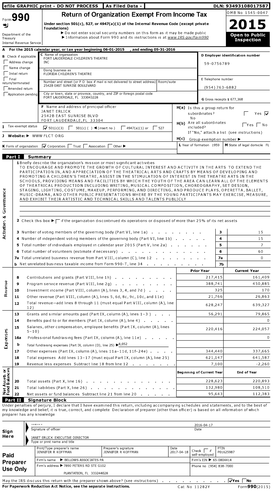 Image of first page of 2015 Form 990 for Florida Children's Theatre
