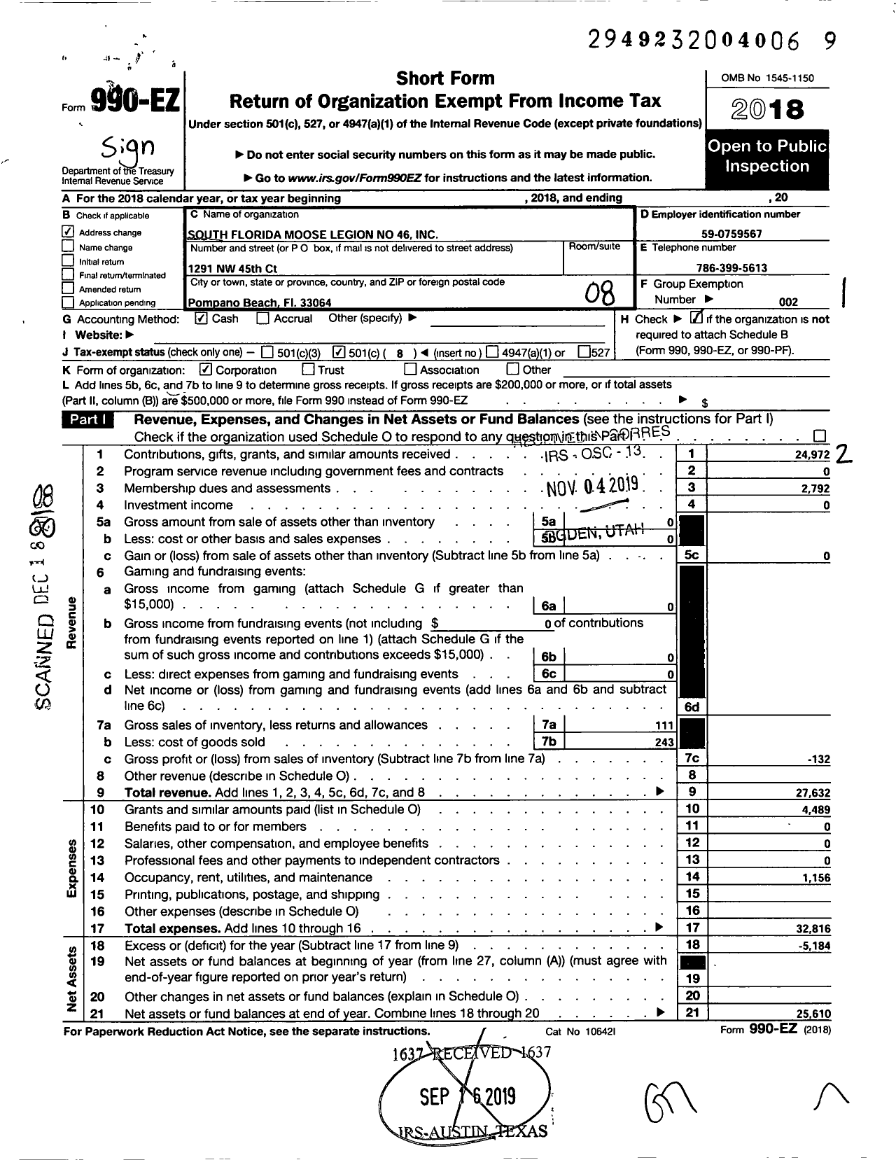 Image of first page of 2018 Form 990EO for Loyal Order of Moose - 46