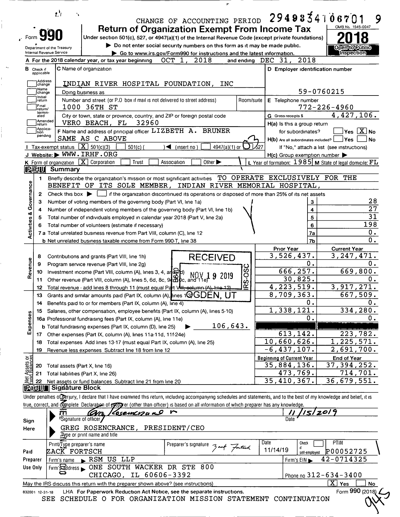 Image of first page of 2018 Form 990 for Indian River Hospital Foundation (IRHF)