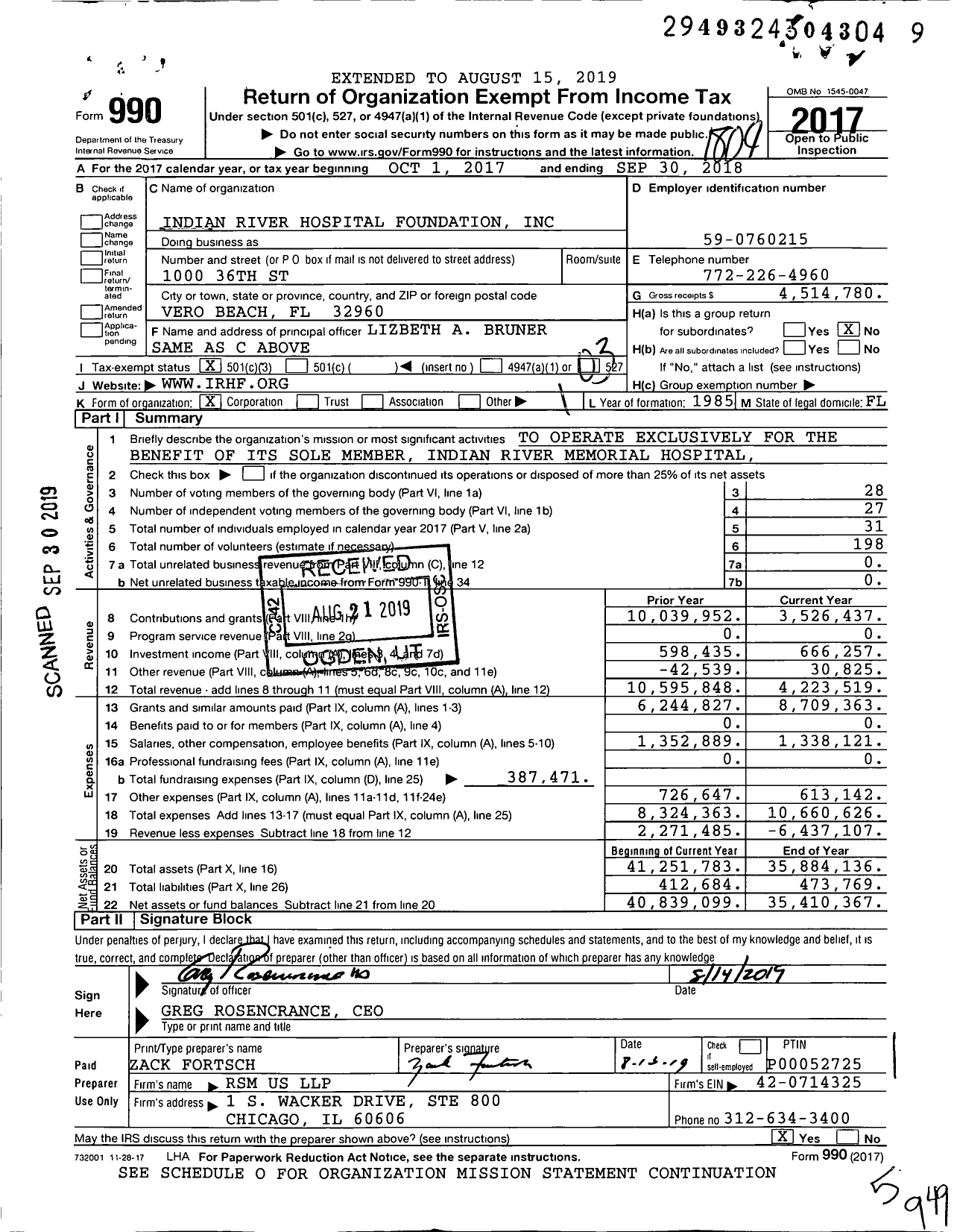 Image of first page of 2017 Form 990 for Indian River Hospital Foundation (IRHF)