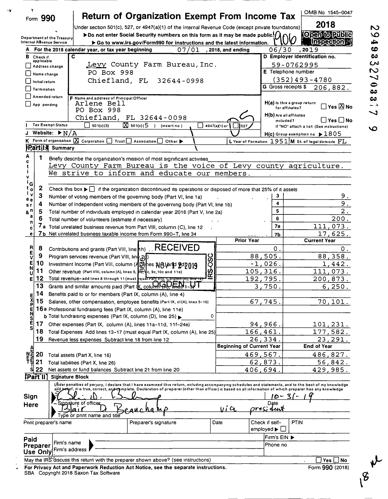 Image of first page of 2018 Form 990O for Levy County Farm Bureau