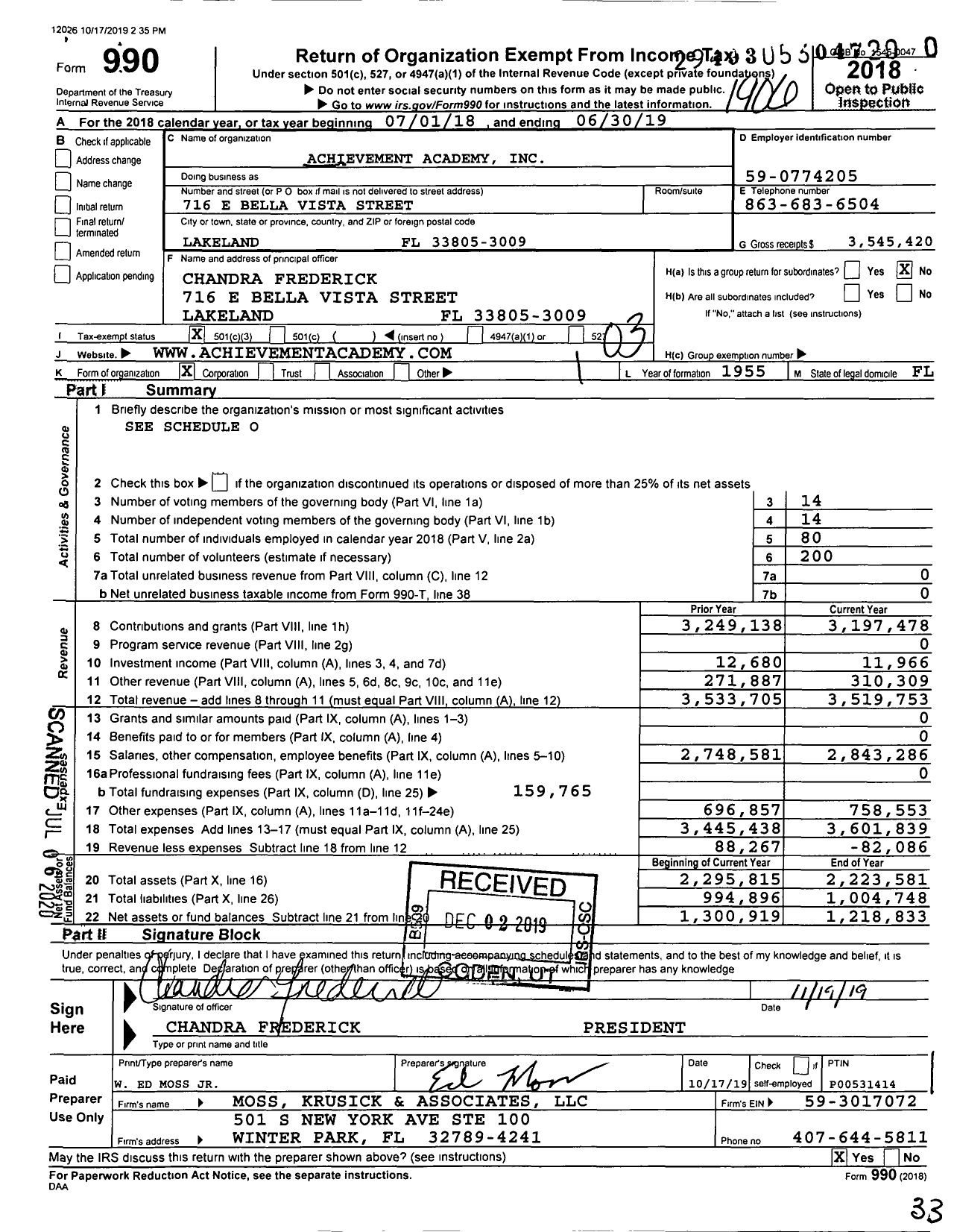 Image of first page of 2018 Form 990 for Achievement Academy