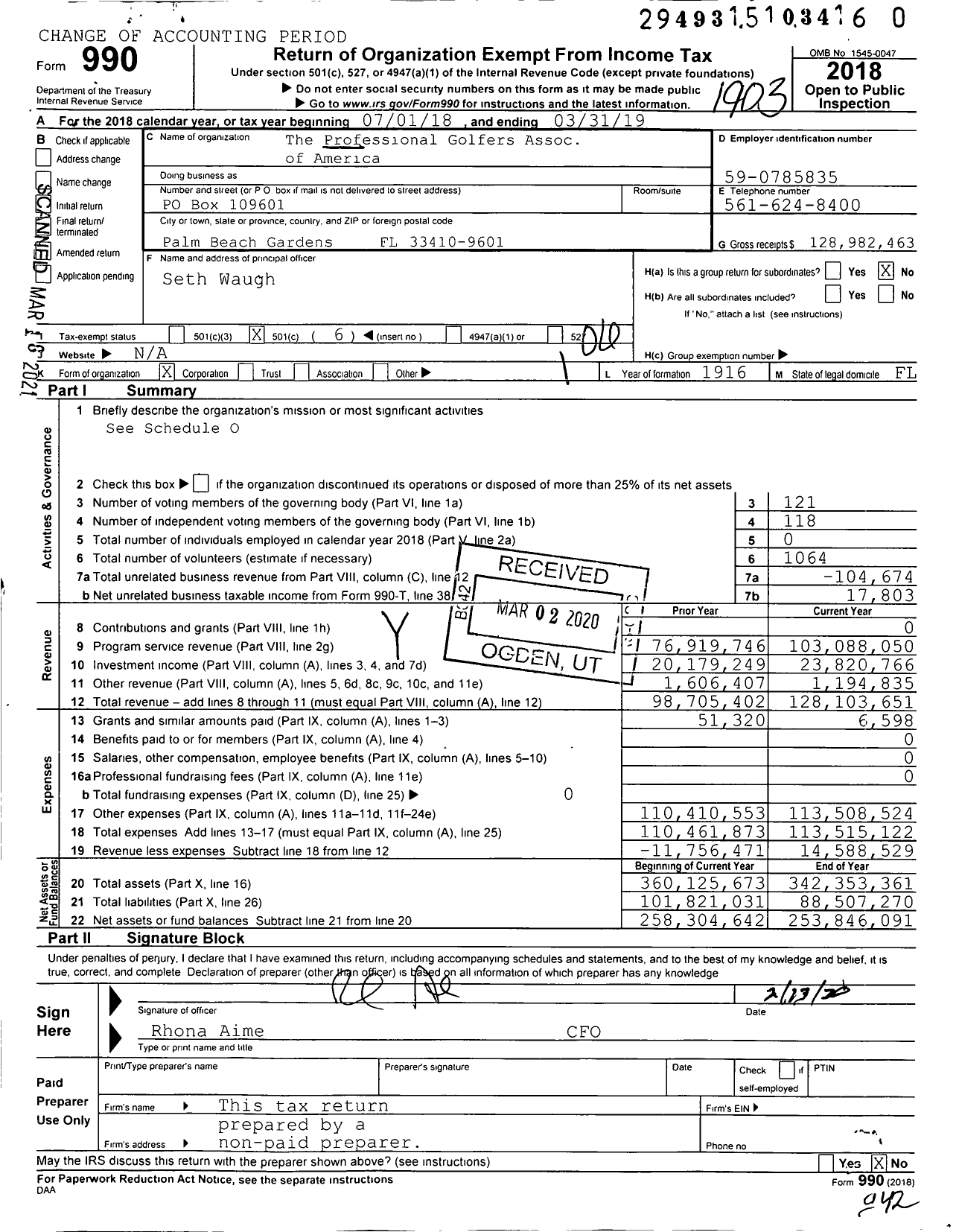 Image of first page of 2018 Form 990O for The Professional Golfers Association of America