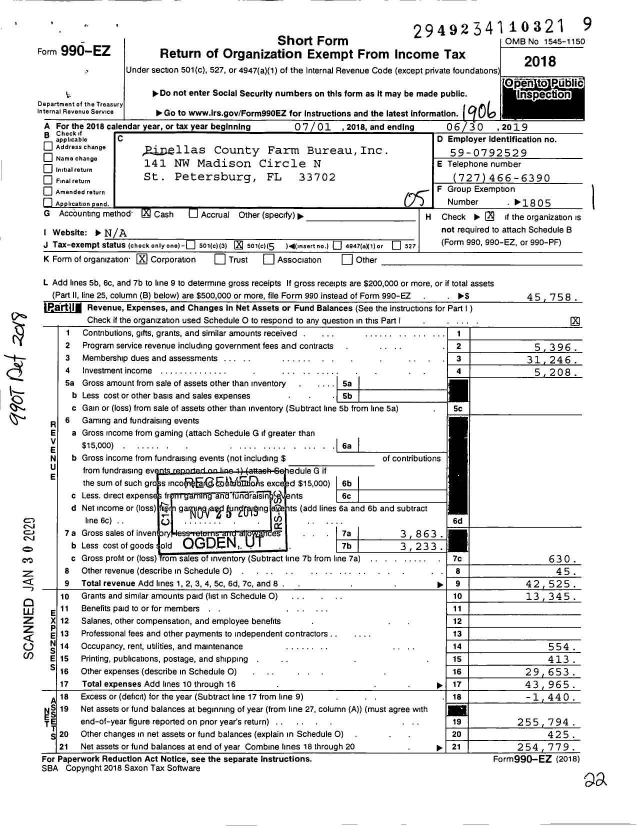 Image of first page of 2018 Form 990EO for Pinellas County Farm Bureau