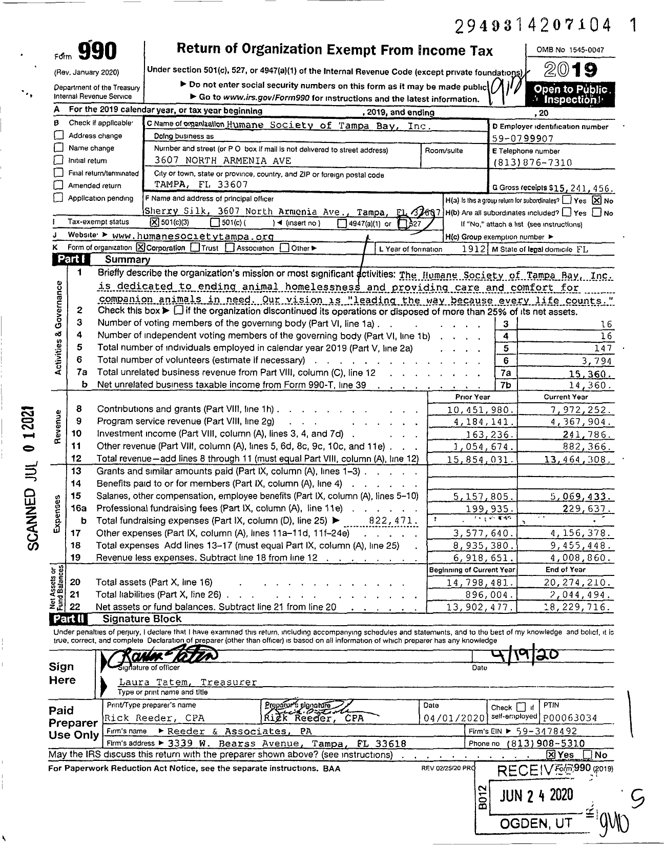 Image of first page of 2019 Form 990 for Humane Society of Tampa Bay