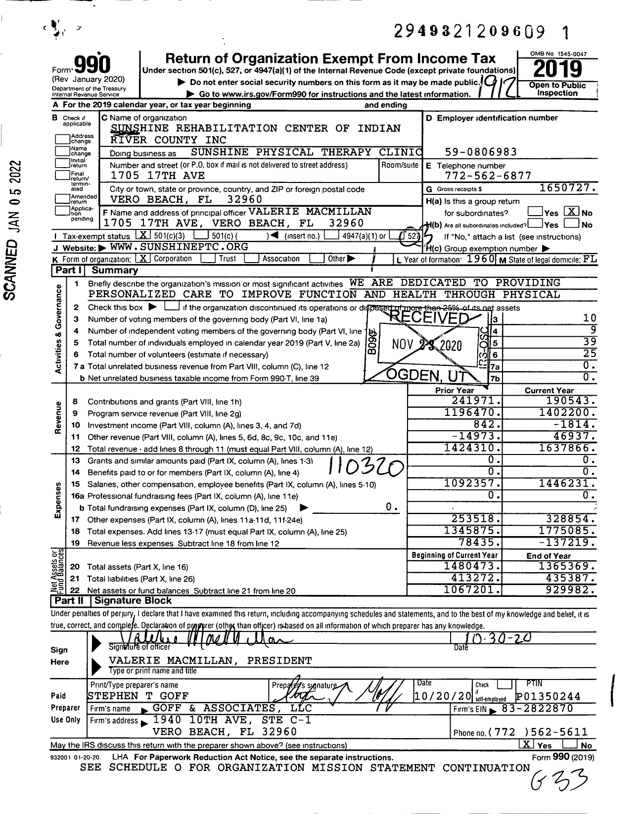 Image of first page of 2019 Form 990 for Sunshine Physical Therapy Clinic