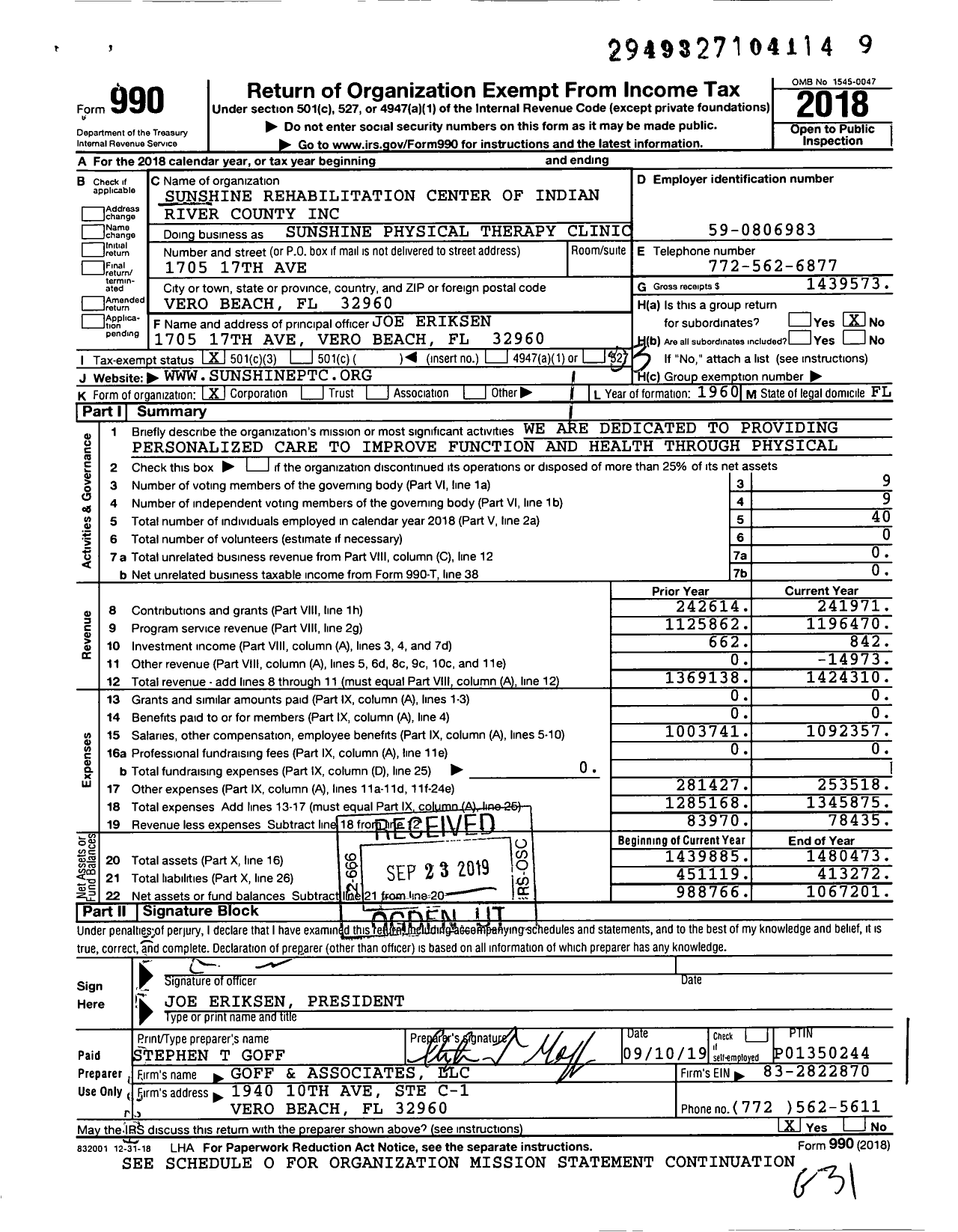 Image of first page of 2018 Form 990 for Sunshine Physical Therapy Clinic