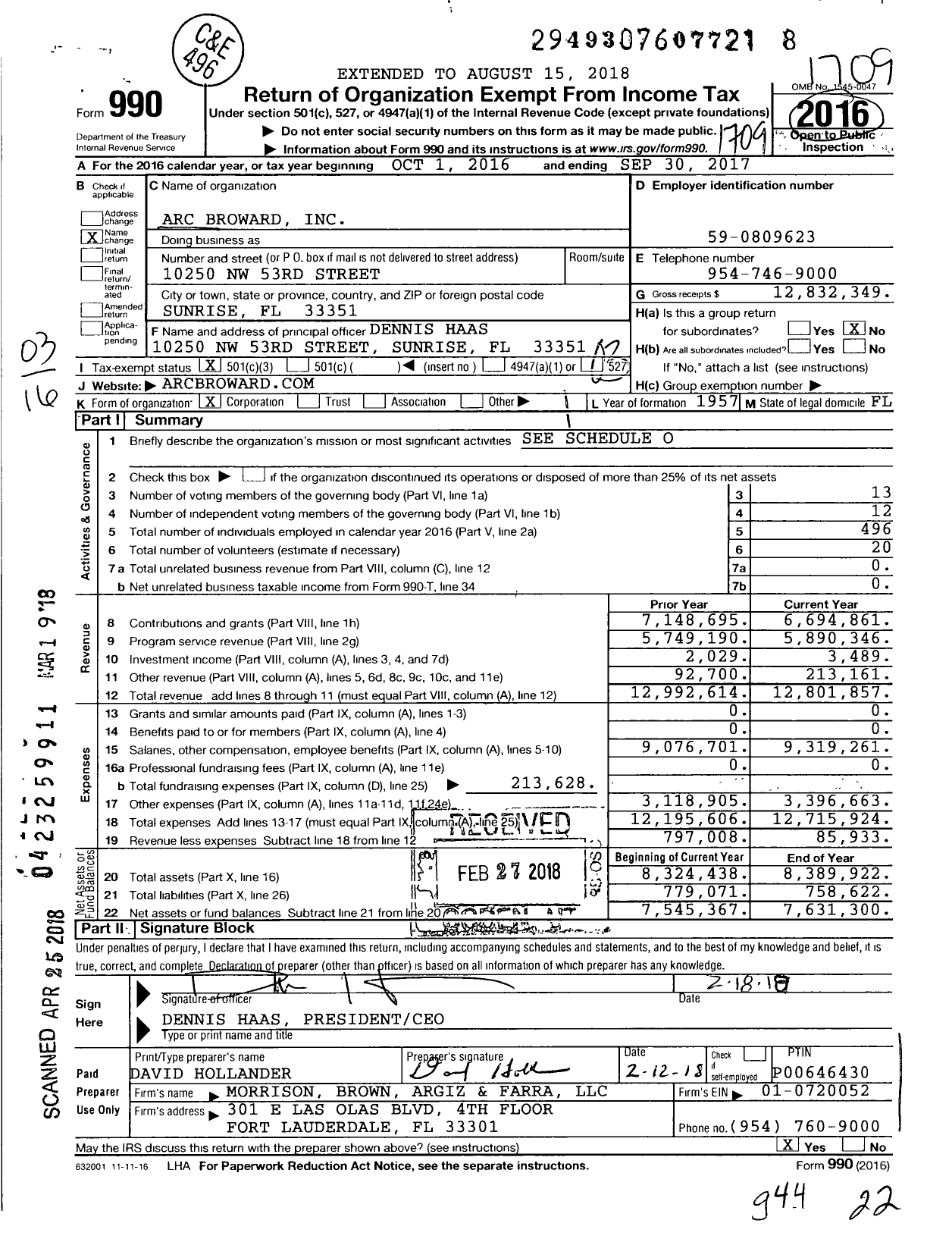 Image of first page of 2016 Form 990 for Arc Broward