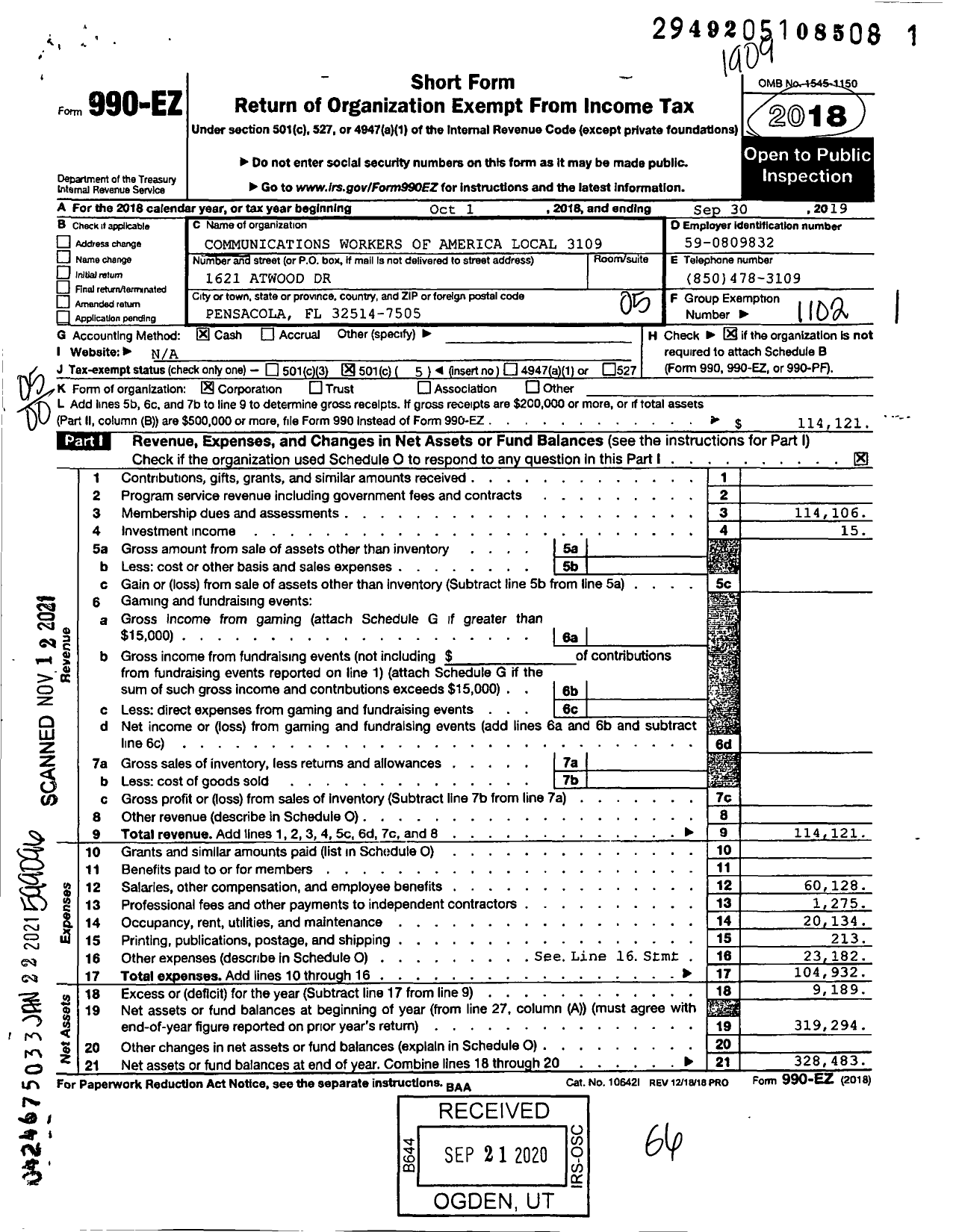 Image of first page of 2018 Form 990EO for Communications Workers of America Local 3109