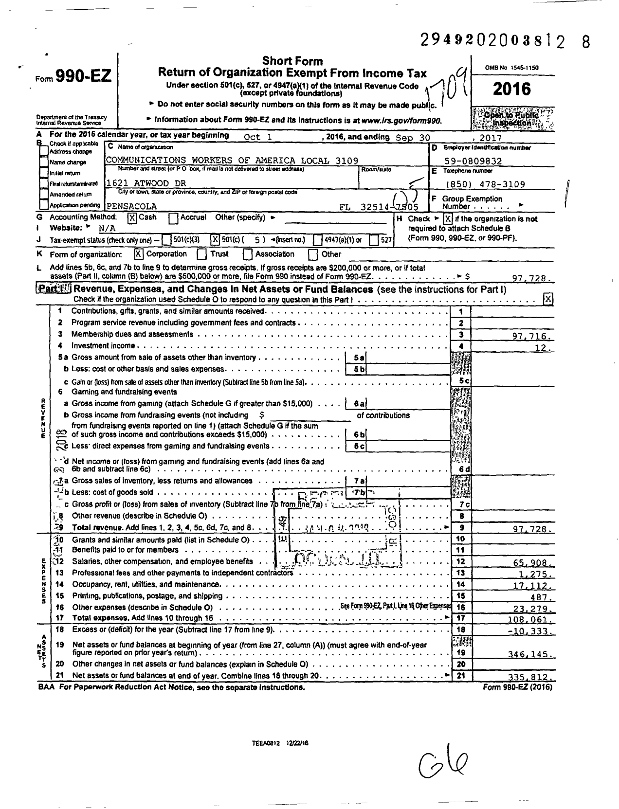 Image of first page of 2016 Form 990EO for Communications Workers of America Local 3109